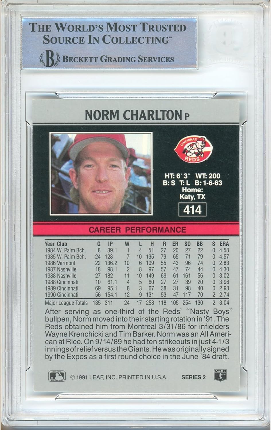 Norm Charlton Signed 1991 Leaf #414 Baseball Trading Card Slab Beckett BAS Authentic Slabbed COA Played For Cincinnati Reds Autograph Memorabilia