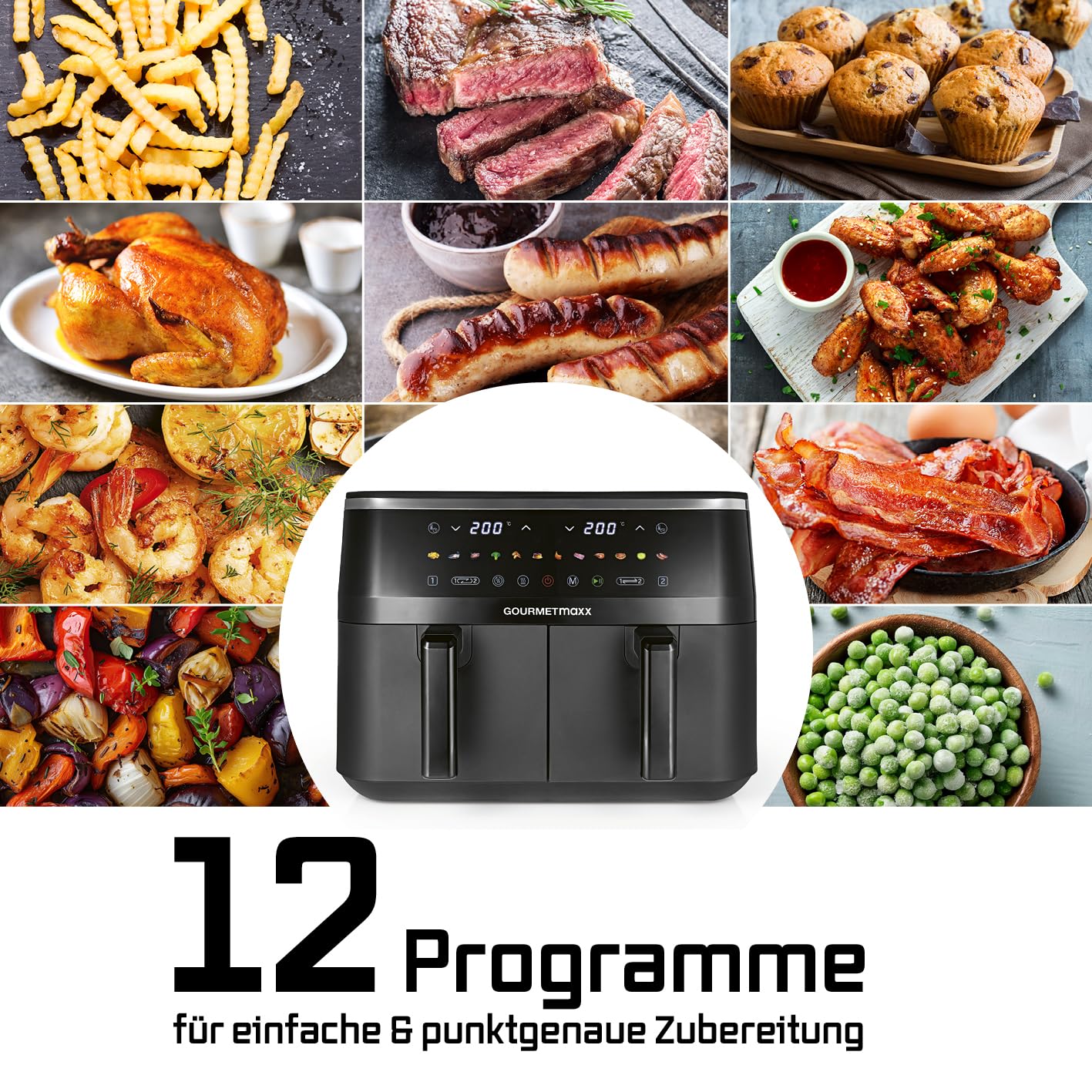 GOURMETmaxx Doppelkammer Heißluftfritteuse - 2 x 4,5 L | Synchro-Garzonen Airfryer | Fritteuse mit LED-Touchscreen, Farb-Icons | Heißluftfritteuse 2 Kammern mit 12 Programmen | fast ohne Öl frittieren