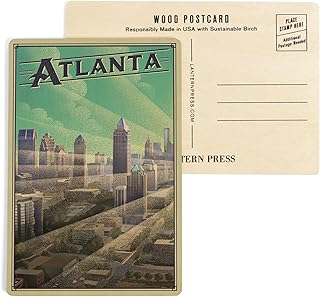 Atlanta, Georgia, Lithograph, Skyline (4x6 Birch Wood Postcards, 2-Pack Stationary, Rustic Home Wall Decor)
