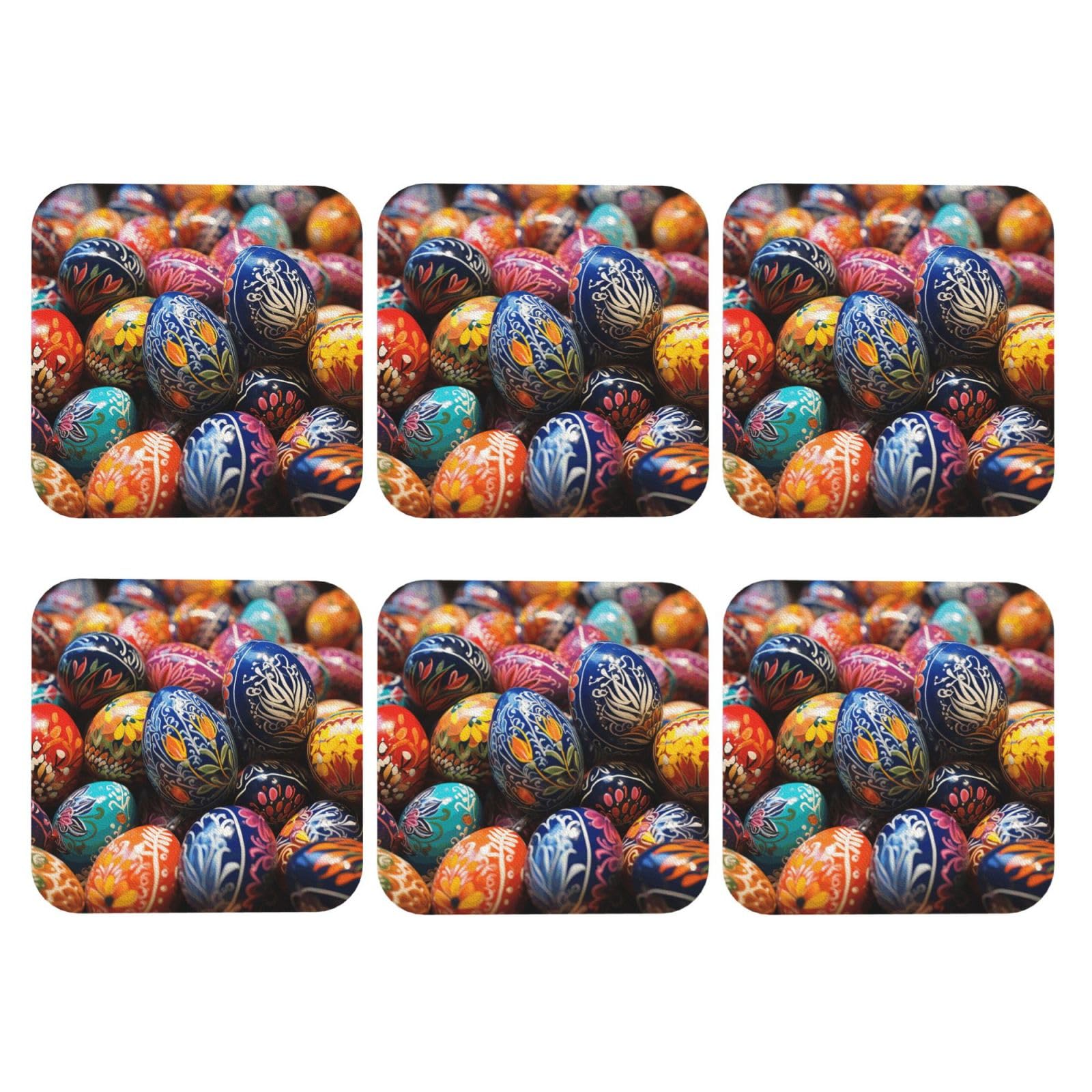 6pcs Leather Coasters for Drinks, Colorful Hand Painted Easter Eggs Drink Coasters for Tabletop Protection, 4" Cup Coasters for Coffee Table Decor, Non-Slip Drinking Cup Mat for Hot Or Cold Drink