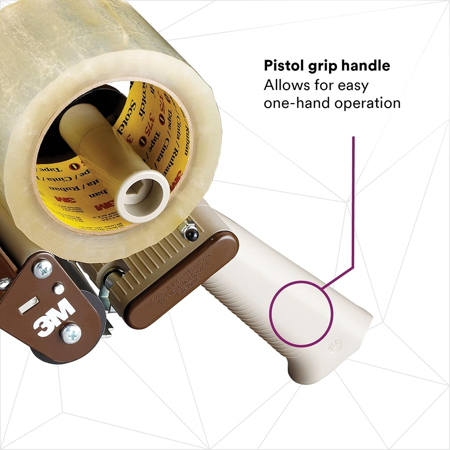 Close-up of the pistol grip handle on the 3M Scotch Low Noise Tape Dispenser H153