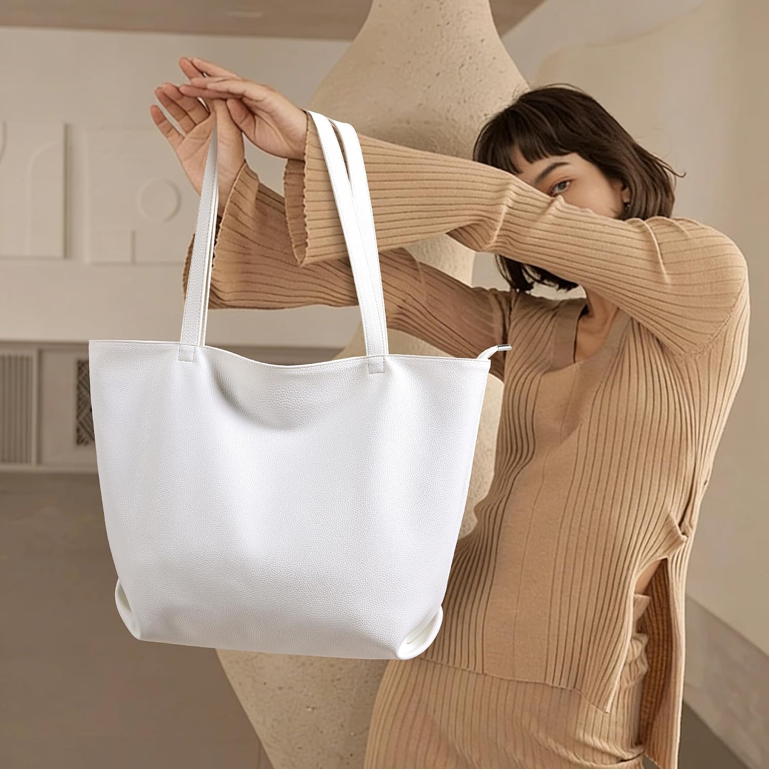 WLLWOO Soft Vegan Leather Tote Bag for Women Large Casual Hobo Handbags Zipper Shoulder Work Daily Weekender Travel Purse