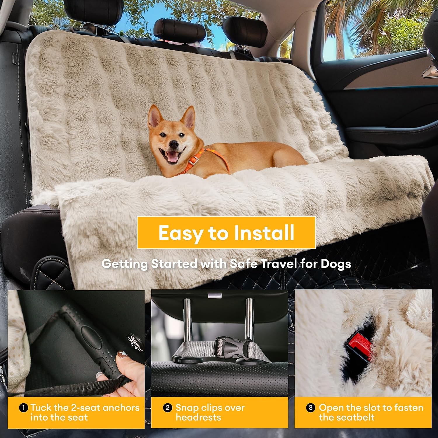 FUNNY FUZZY Luxurious Fluffy Dog Car Seat Cover for Back Seat, Calming Waterproof Backseat Protector for Dogs, Scratchproof Non-Slip Bench Car Seat Blanket, Universal Fit Most Cars, SUVs, Trucks