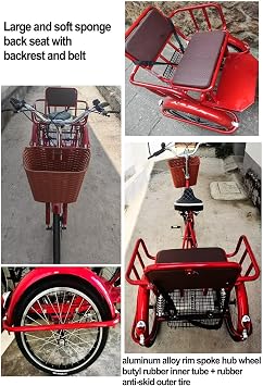 Tricycle Rickshaw for Adult,Mobility Tricycle with Pedals,3 Wheels Bicycle,Hydraulic Front Fork,Back seat with Belt and Shock Absorber Springs,Tandem Trike,Cruiser Bike