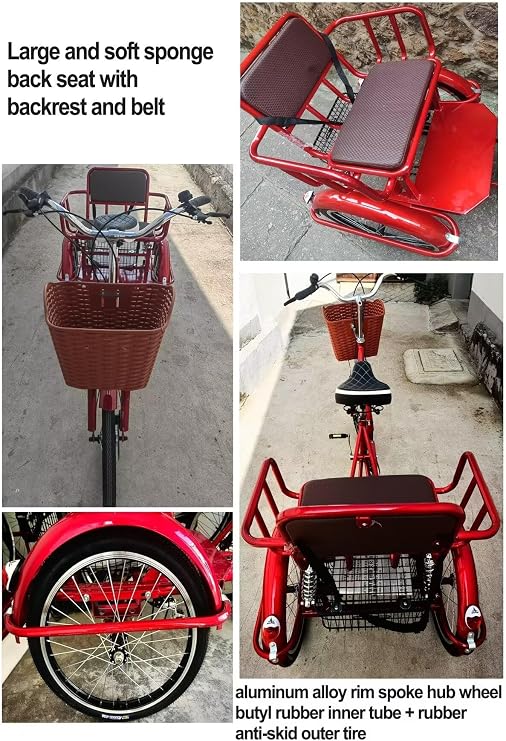 Tricycle Rickshaw for Adult,Mobility Tricycle with Pedals,3 Wheels Bicycle,Hydraulic Front Fork,Back seat with Belt and Shock Absorber Springs,Tandem Trike,Cruiser Bike