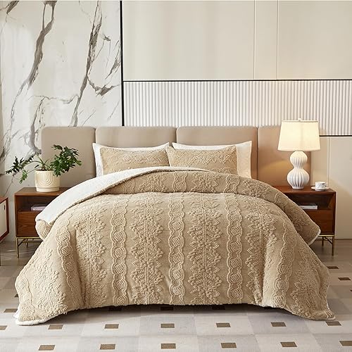 Miniatura 8 de Juego de edredón de lujo de franela de forro polar Sherpa tamaño matrimonialQueen, edredón jacquard bohemio a rayas de plumón alternativo caqui,
