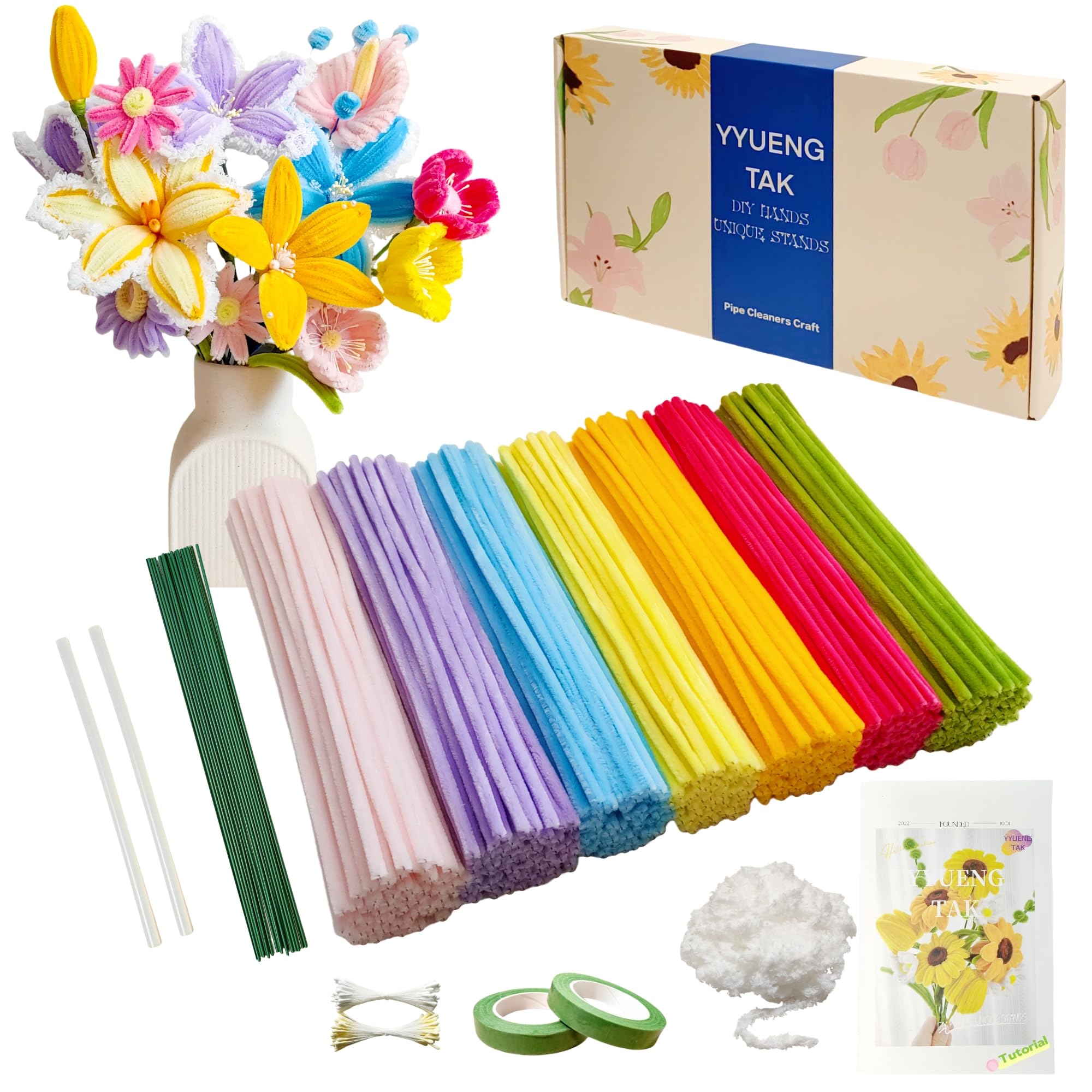 350 Pcs Colorful Pipe Cleaner Flower kit with tutorial,Fluffy Yarn,Floral Wires,Gardening Tape,Stamen，Pipe Cleaners for Craft Flowers,Chenille Stems for DIY Art Projects Creative Gift Decor