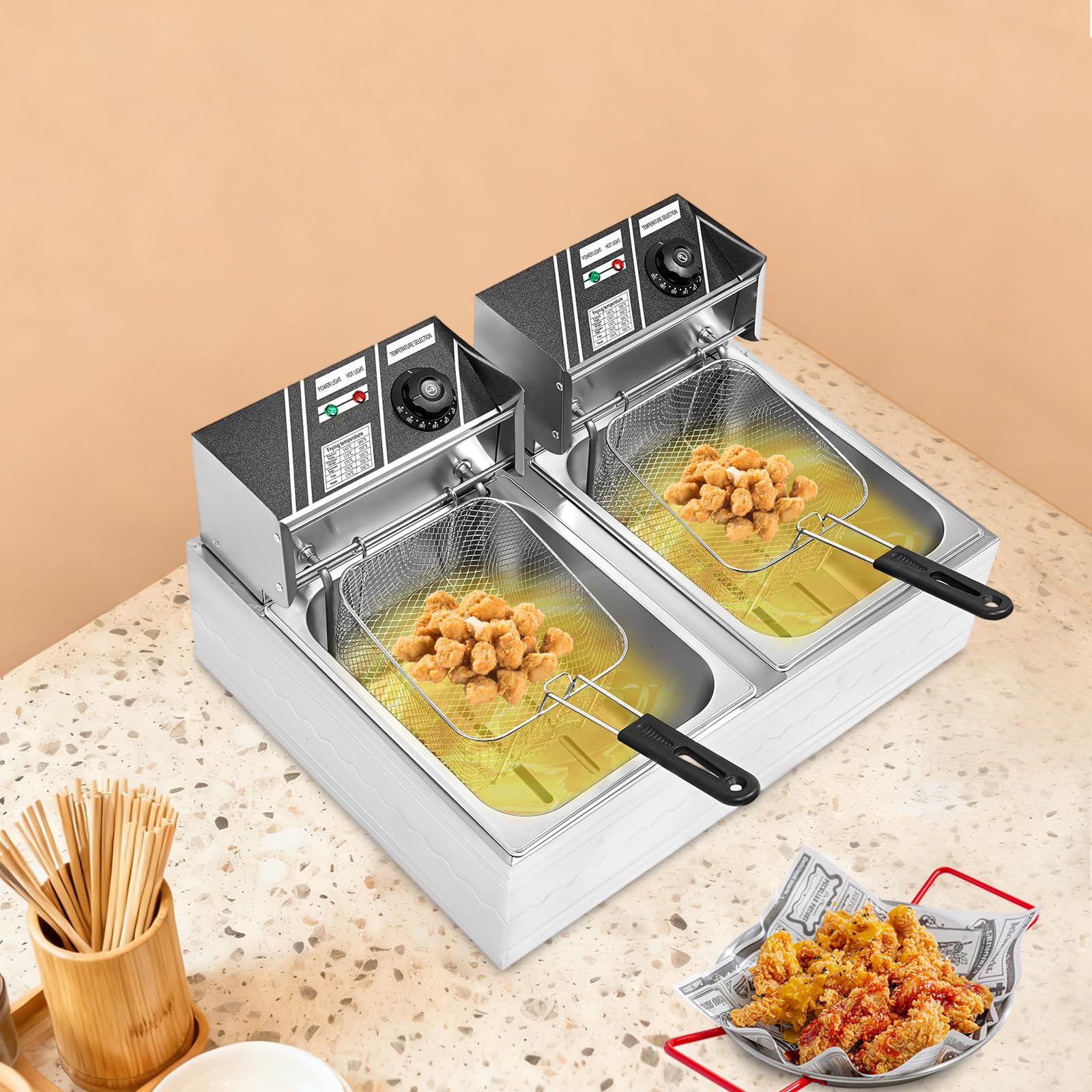 Freidora eléctrica comercial, 2 x 6 L, doble cilindro, freidora eléctrica con colador de red de fritura, acero inoxidable, para comedores, cocina, salón de comida