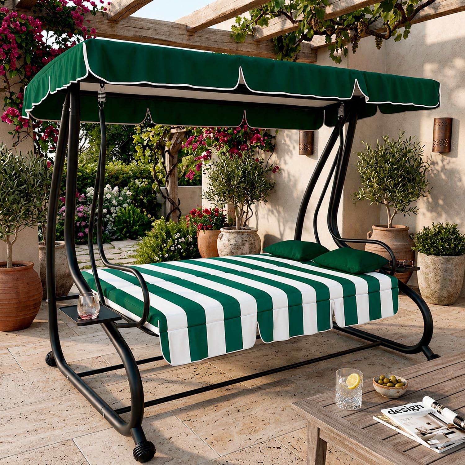 Dondolo Altalena 3 Posti Reclinabile Con Copertura Parasole Orientabile Trasformabile In Letto Telaio Resistente Per Giardino Terrazza Balcone Relax 200 x 120 x 160 Cm Verde E Bianco