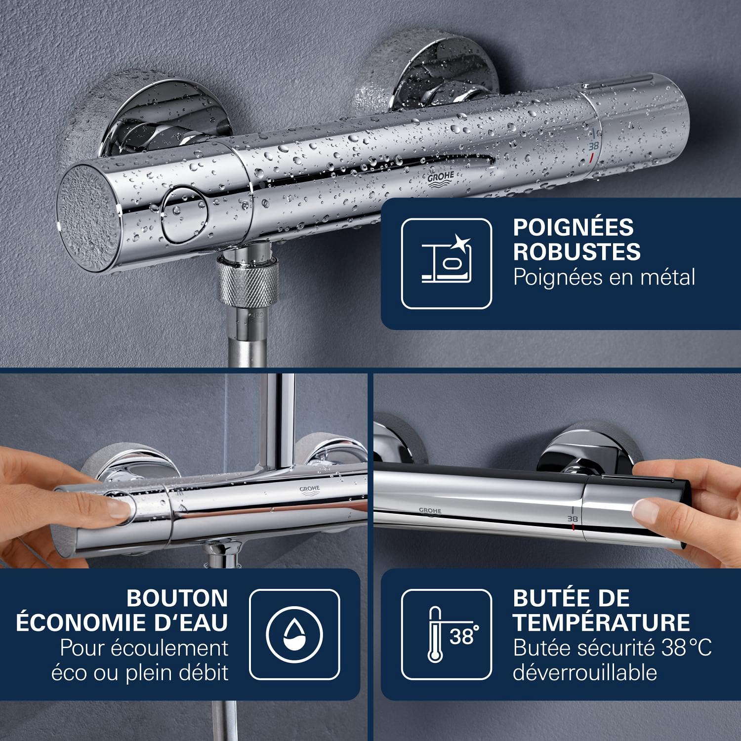 GROHE Mitigeur thermostatique douche Precision Get, montage mural, indicateur de température, filtres intégrés, poignées métalliques, rosaces incluses, chromé, 34773000 (Import Allemagne)