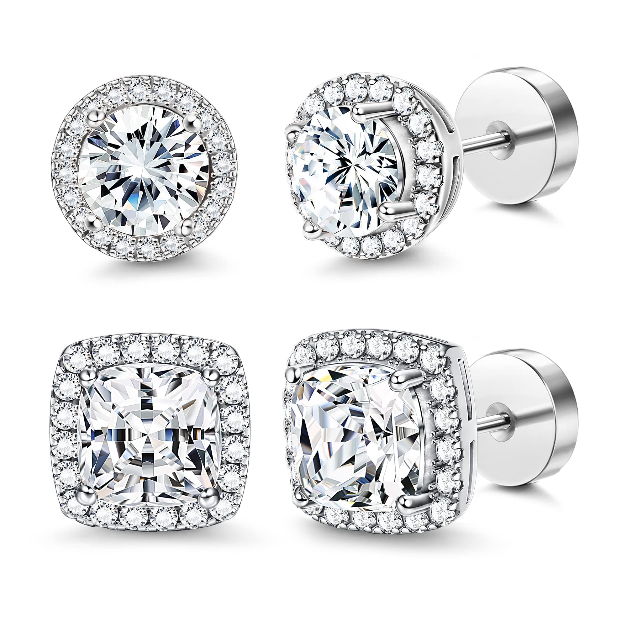 Morfetto 14K Pendientes Cuadrados Redondos con Espalda Plana para Hombres y Mujeres Pendientes Grandes de Circonita Cúbica Grandes Pendientes para Hombre Pendientes Planos