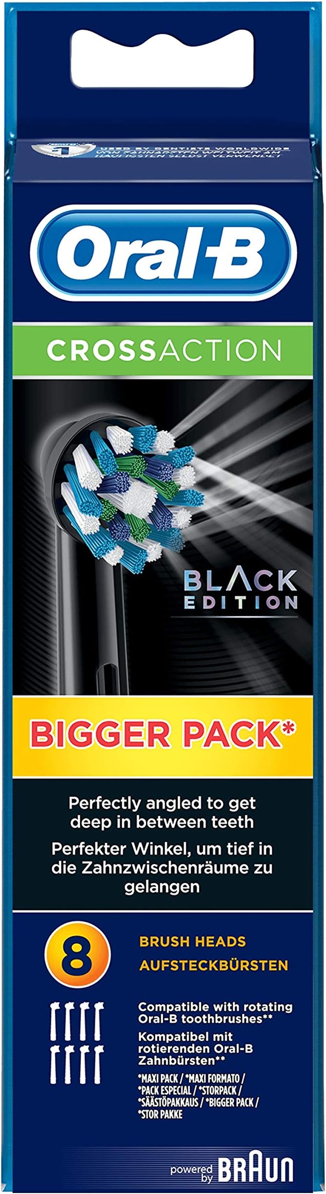 Genuine CrossAction Replacement Black Toothbrush Heads, Refills for Electric Toothbrush, Angled Bristles for up to 100 Percent More Plaque Removal, Pack of 8