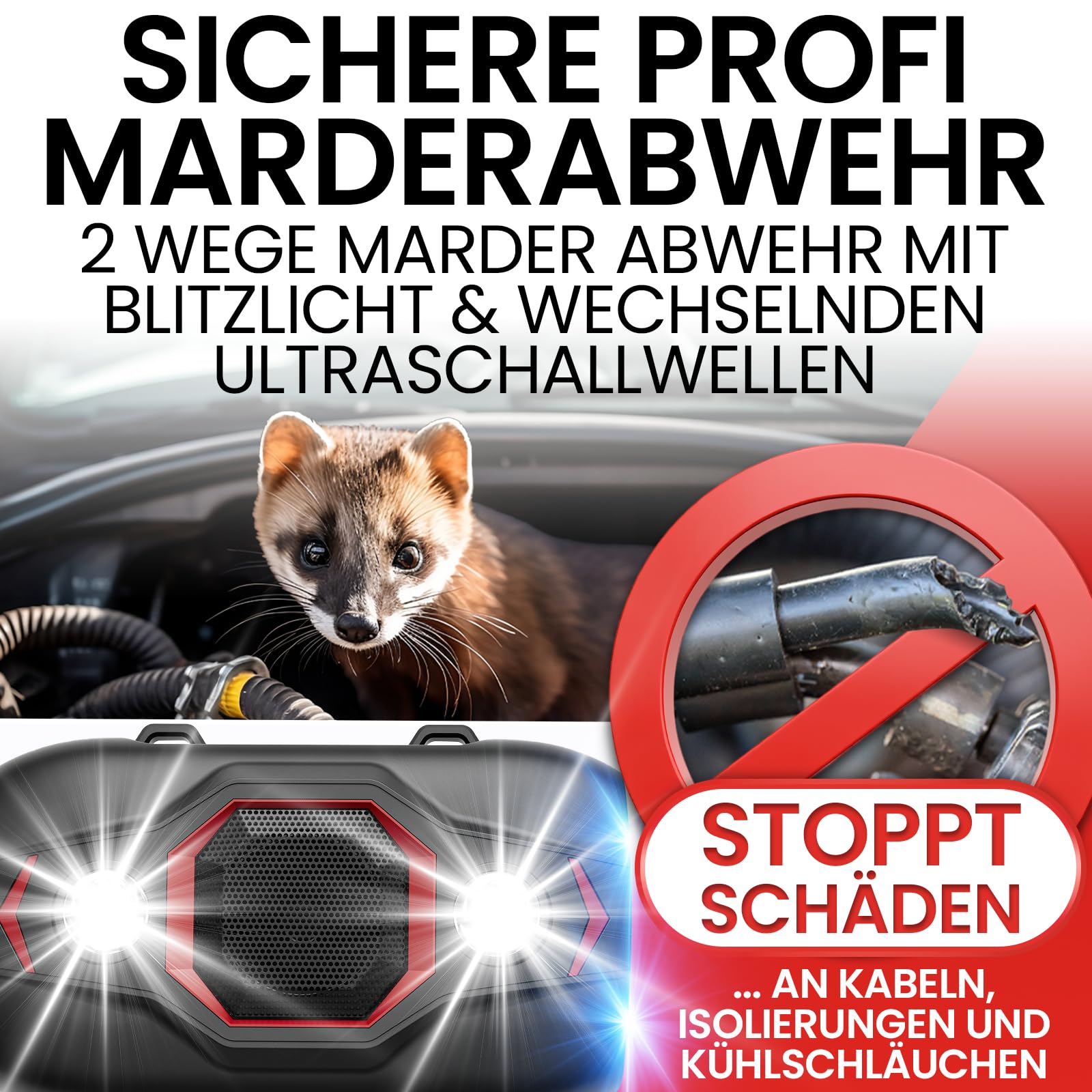 Heimwert Marderschreck Auto - Profi Ultraschall Marderschutz für sofortigen Erfolg - 2 Wege Marder Abwehr mit Blitzlicht und wechselnden Ultraschall Frequenzen zur sicheren Marderabwehr (Typ 1)