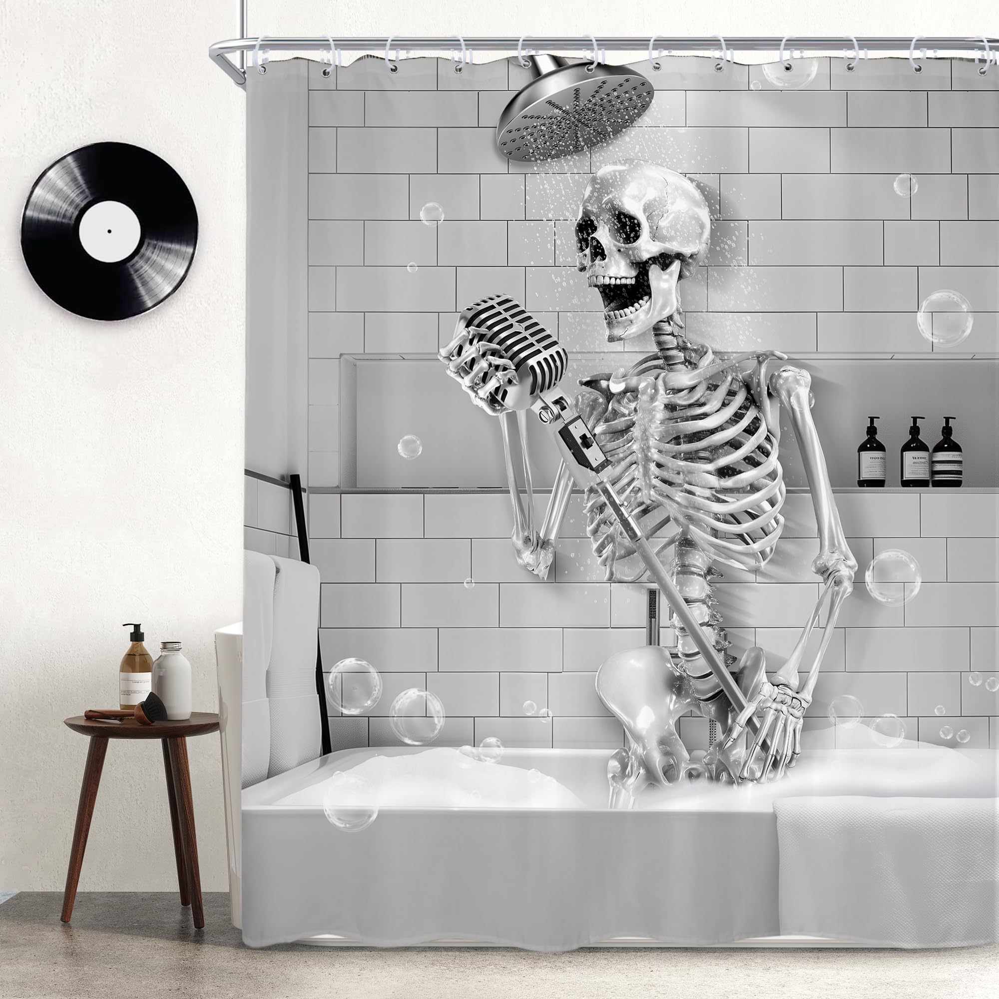 Newsely Funny Skull Shower Curtain 60Wx72L Inch Rustic Gothic Skeleton in Bathtub Singing Gray Farmhouse Hilarious Bathroom Set Unique Cool Waterproof Bath Decoration Accessories Home Decor