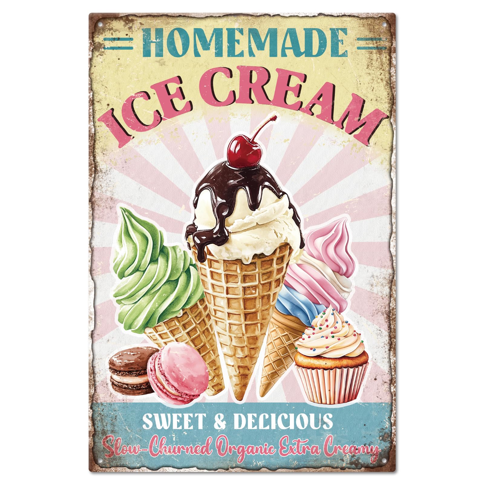 GLOBLELAND Ice Cream Vintage Metal Tin Sign 12x8" Sweets Dessert Metal Plaque Poster Wall Art Decor Tin Sign for Bar Club Restaurant Cafe Ice Cream Truck