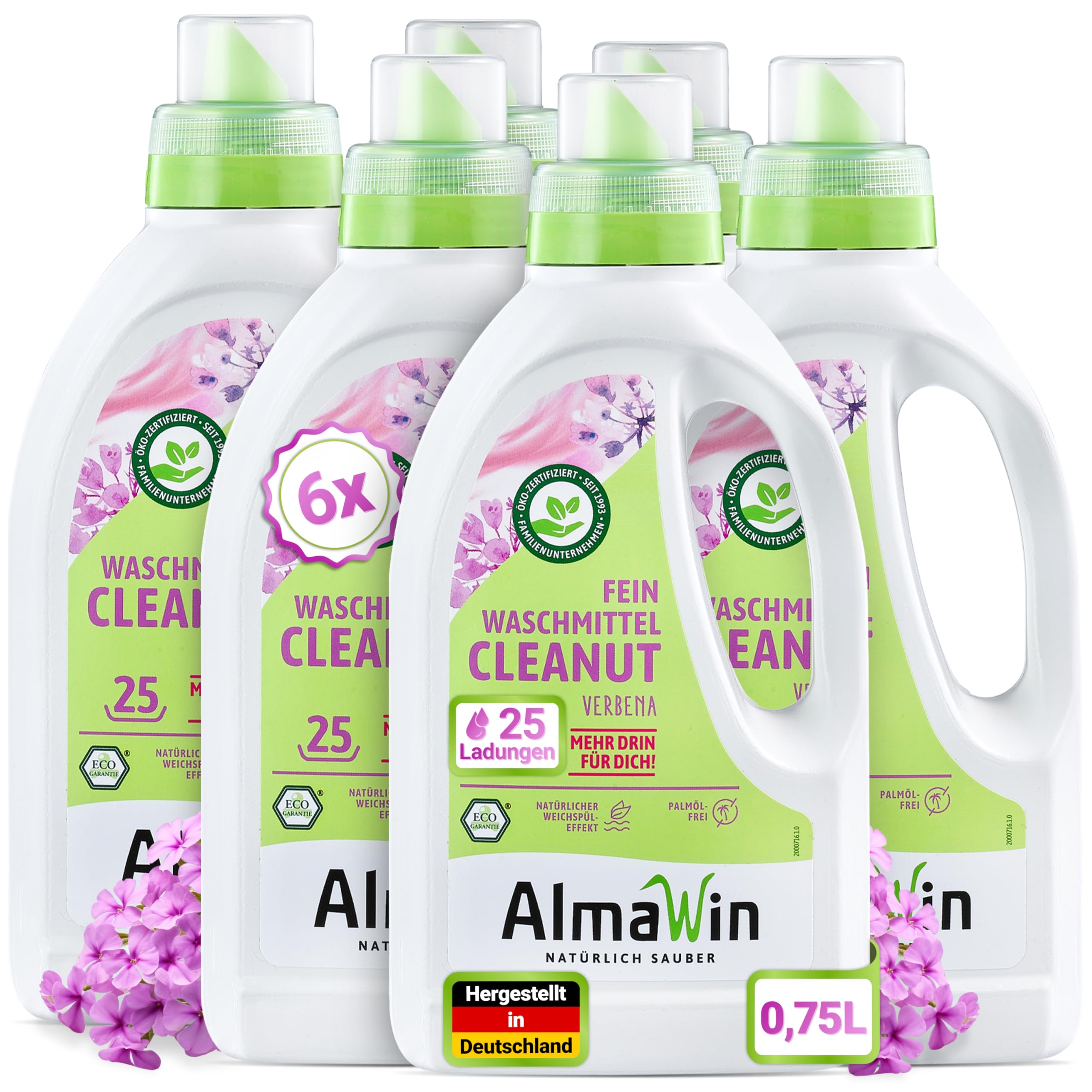 AlmaWin® Feinwaschmittel Cleanut [6x 750ml - 150 Ladungen] mit Waschnuss-Extrakt - Waschmittel mit Verbena-Duft für Feines & Buntes [20-60°C] - Flüssiges Waschmittel Natur - Öko, VEGAN & Palmölfrei