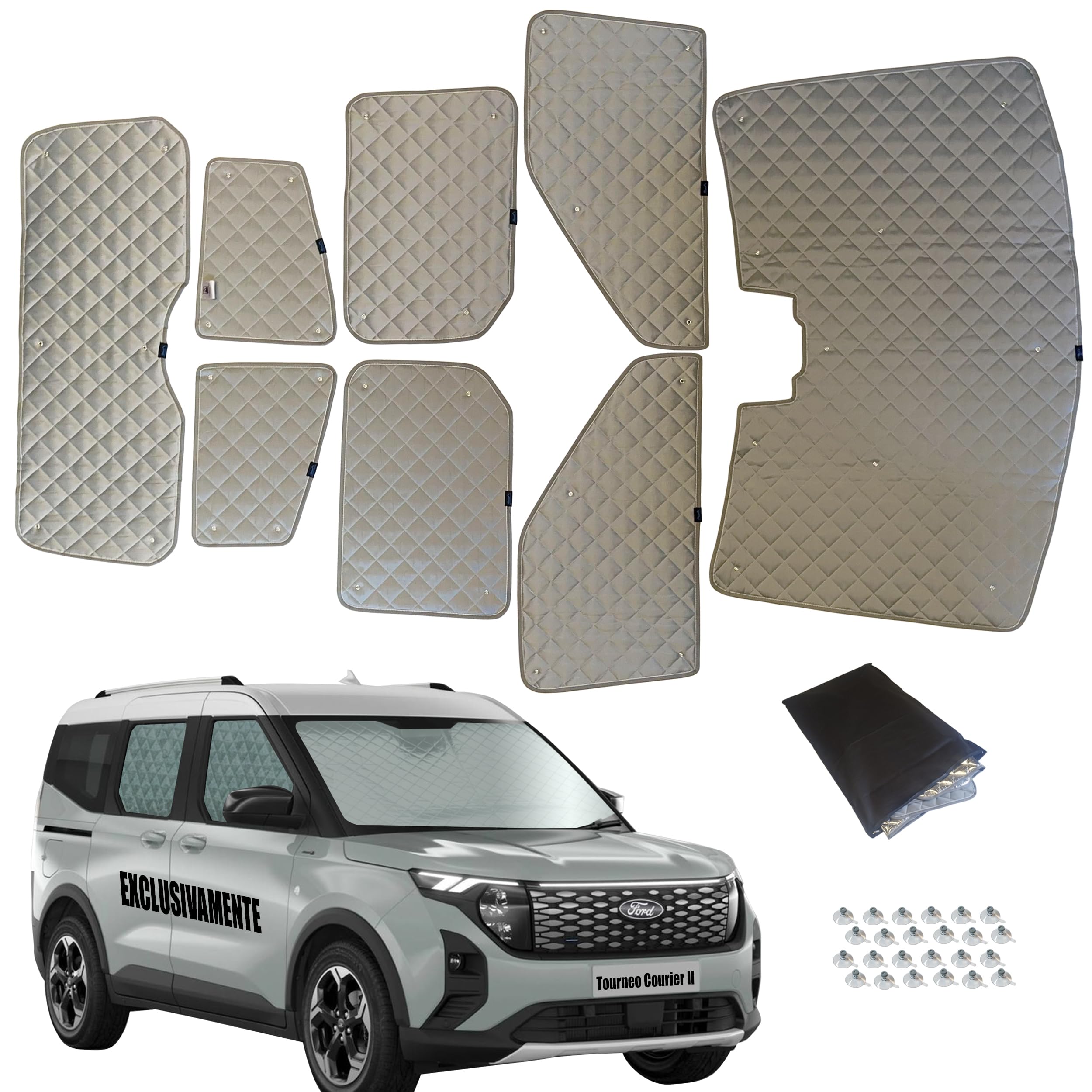 Parasole per furgone Tourneo Courier II, isolanti termici e oscuranti, 8 pezzi, regolazione interna, grigio, Active o Titanium