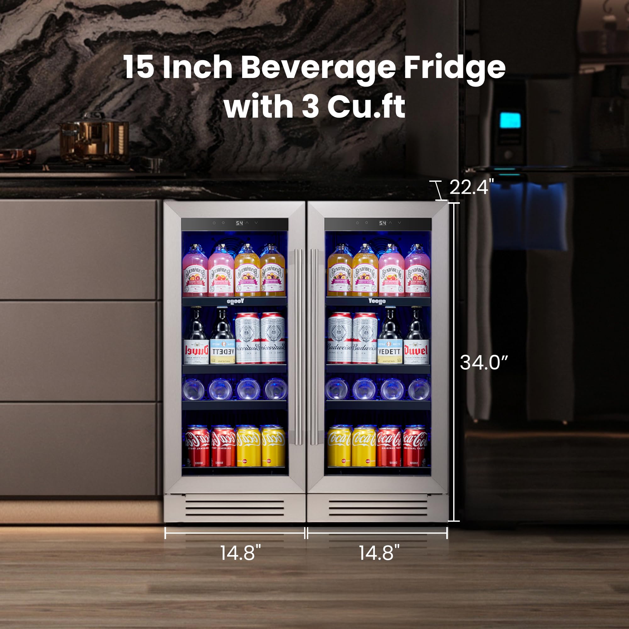 Yeego 15-Inch Built-In Beverage Refrigerator (2 Pack) – Slim Beverage Cooler with Left-Hinged Glass Door, Auto Defrost Drink Fridge for Beer, Soda & Wine, Built-In or Freestanding on Fridge.com