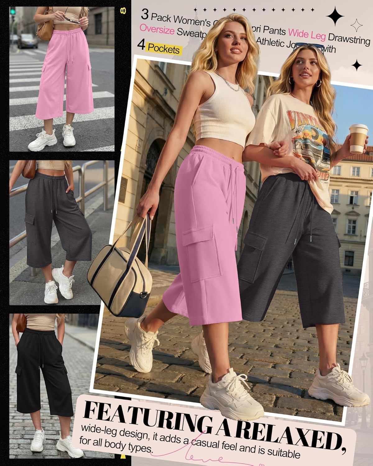 3 Pack Women's Capri Pants Wide Leg Baggy Athletic Cropped Sweatpants Casual Loose Cargo Capris with 4 Pockets