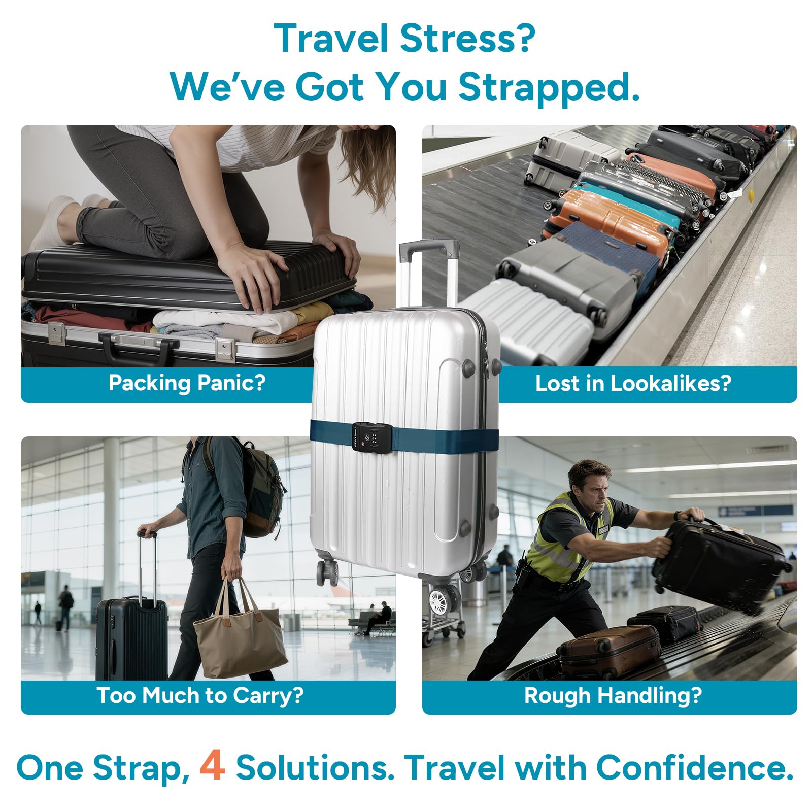 Travel Inspira Cinghie per bagagli con serratura a combinazione TSA, regolabili, facili da usare, proteggono il tuo bagaglio, blu navy