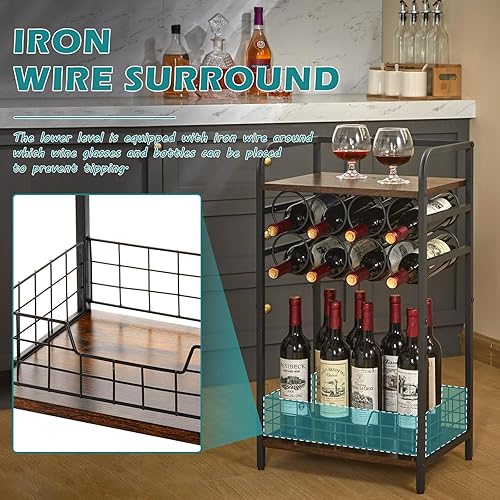 Miniatura 9 de Mesa de bar de vinos de 3 niveles soporte pequeño para botellas de licor con estante de vino de 8 botellas, mini gabinete de bar de vino, estante de