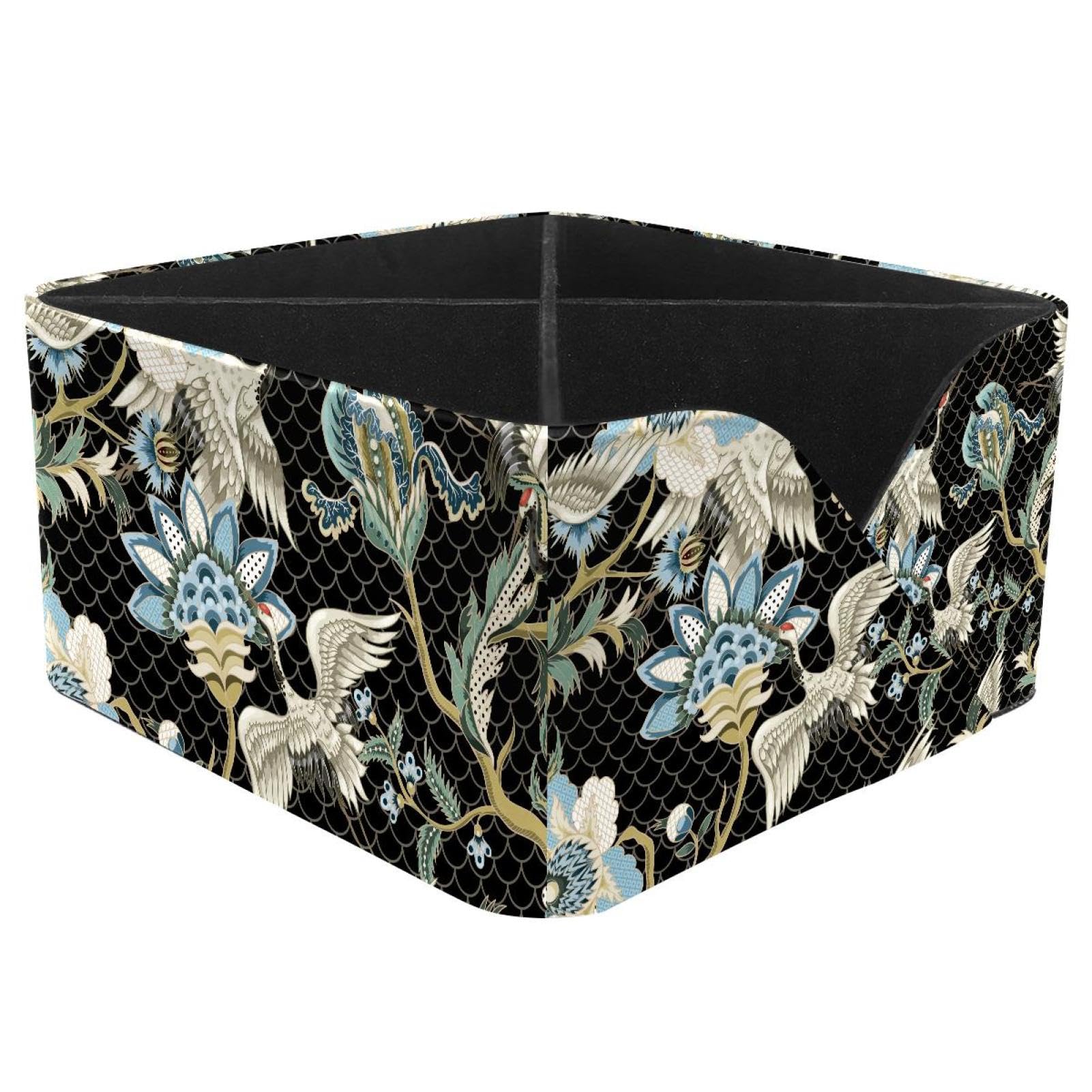 KengjuTesu Ethnic Japanese Ornament Cranes Pattern Desktop Organizer Pen Holder, Rectangular Pencil Cup for Office, Study and Makeup Stations