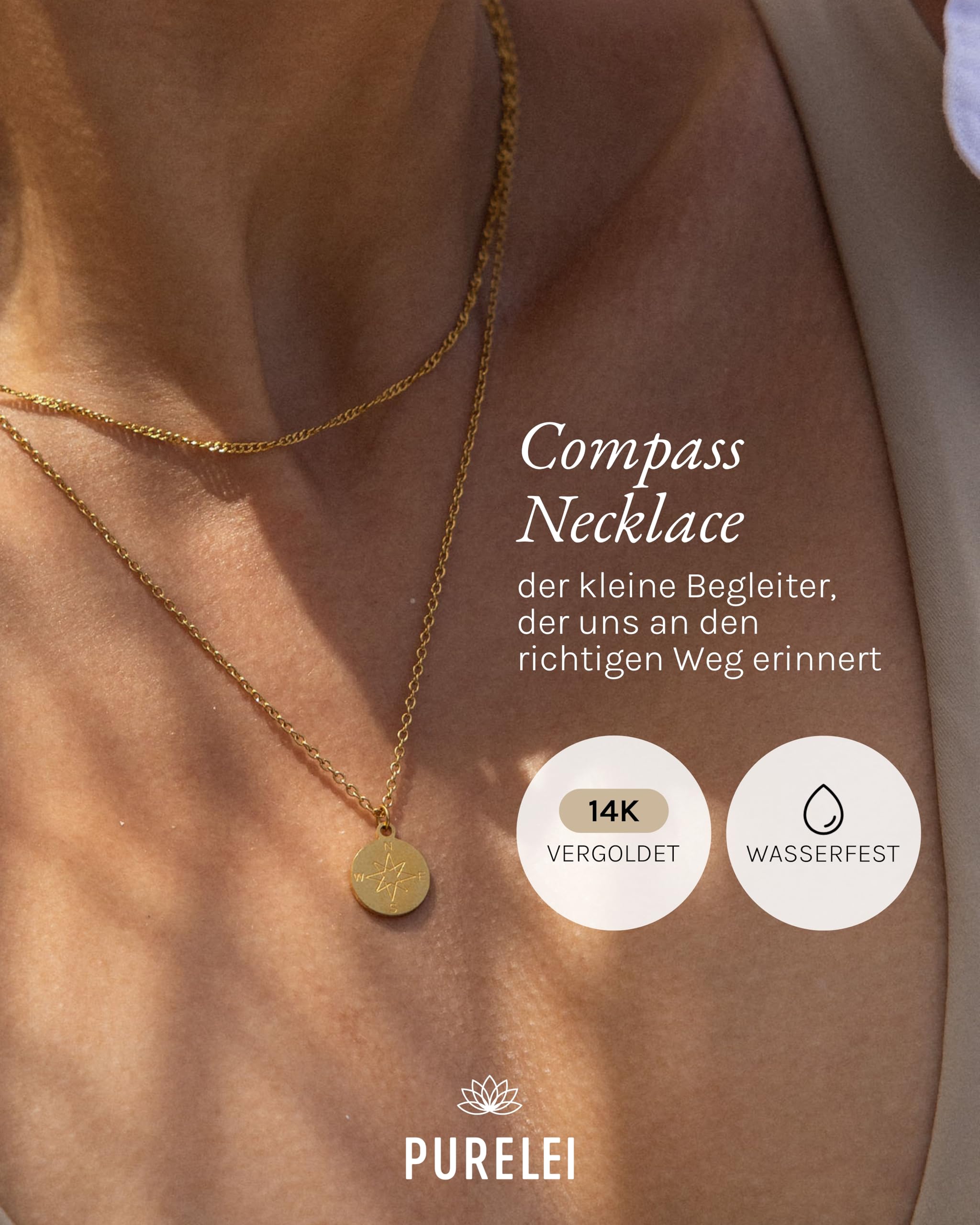 Purelei Compass Kette Damen – Halskette Damen aus langlebigem Edelstahl – Wasserfeste Kette mit Anhänger – 45-50 cm Länge verstellbar – Halskette für deinen individuellen Look