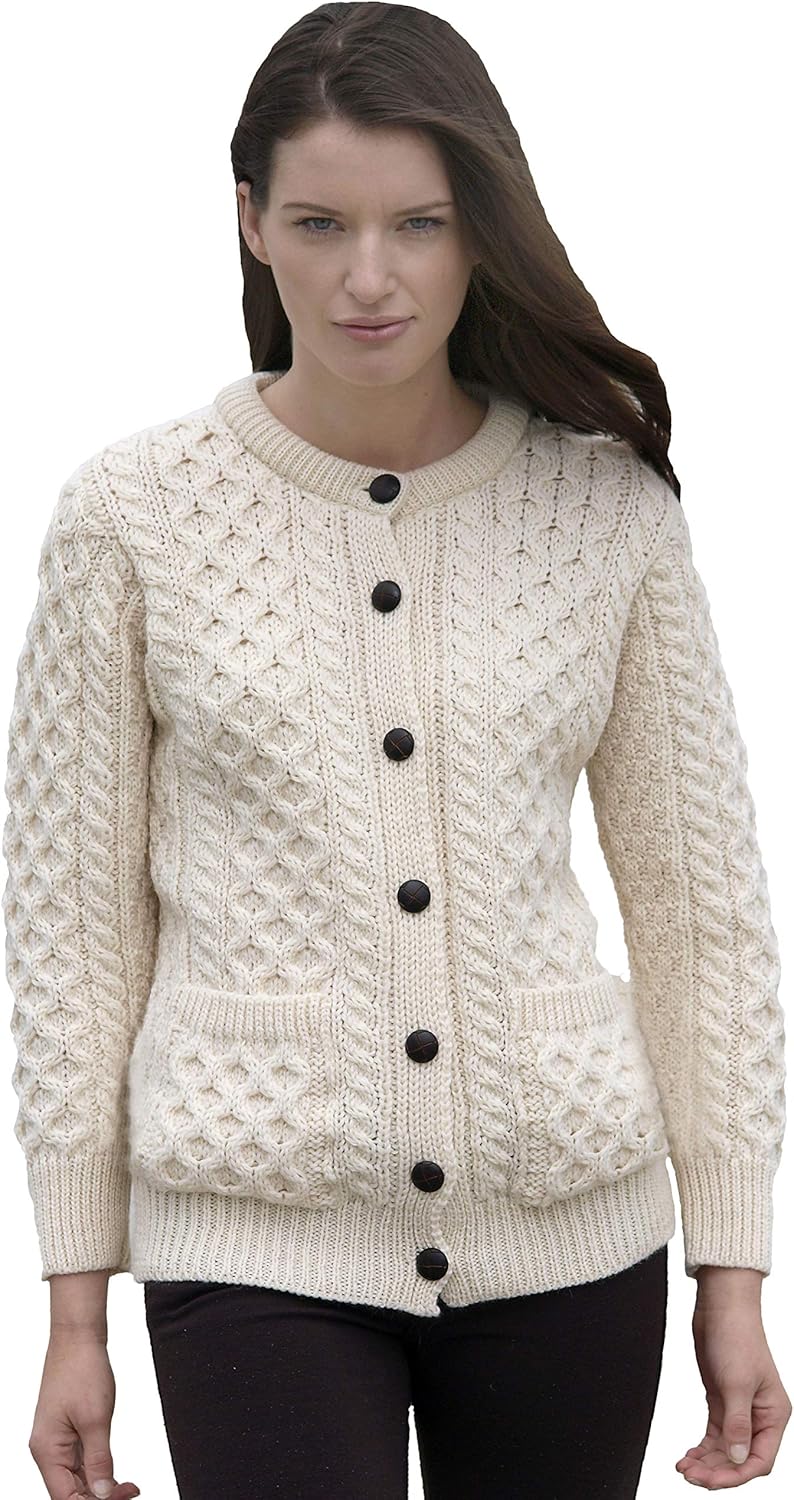 Aran Crafts Women's Cable Knit Soft Buttoned Lumber Jacket (100% Merino Wool)