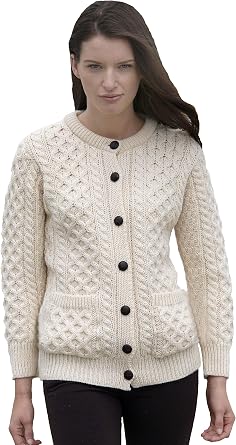 Aran Crafts Womens Cable Knit Soft Buttoned Lumber Jacket 100% Merino Wool