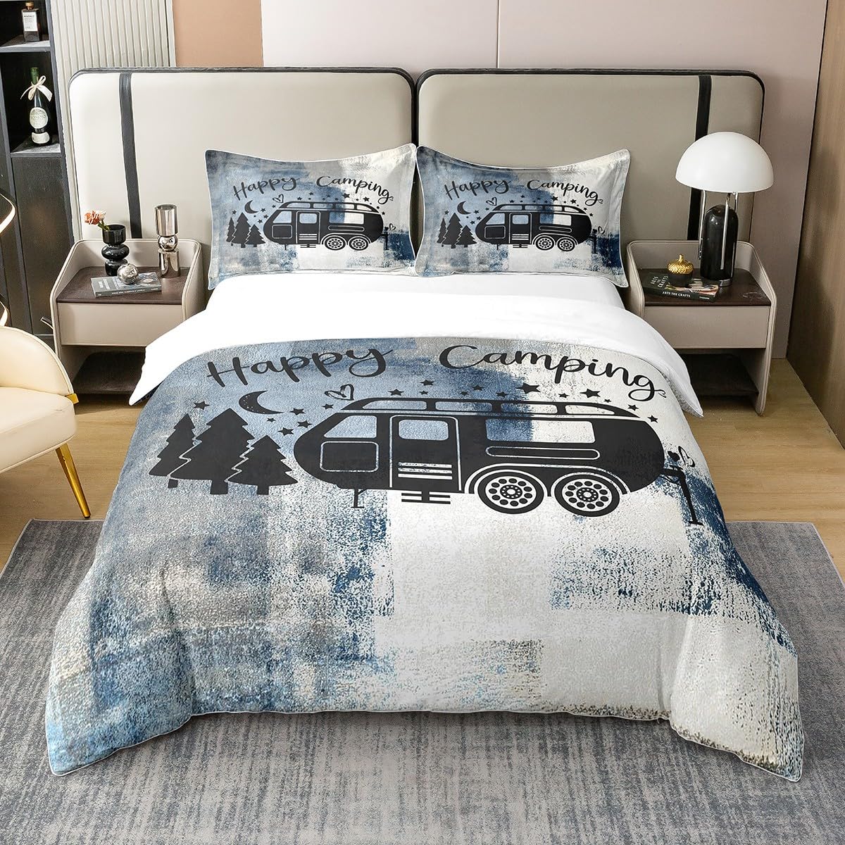 Camper 100% Baumwolle Bettbezug 135x200,Glückliche Camping Bettwäsche Set Schlafzimmer Dekor,Rv Innen Dekor Tröster Abdeckung,Camper Zubehör für Reiseanhänger,Ölgemälde Bett Sets mit 1 Kissenbezug Küche, Haushalt & Wohnen