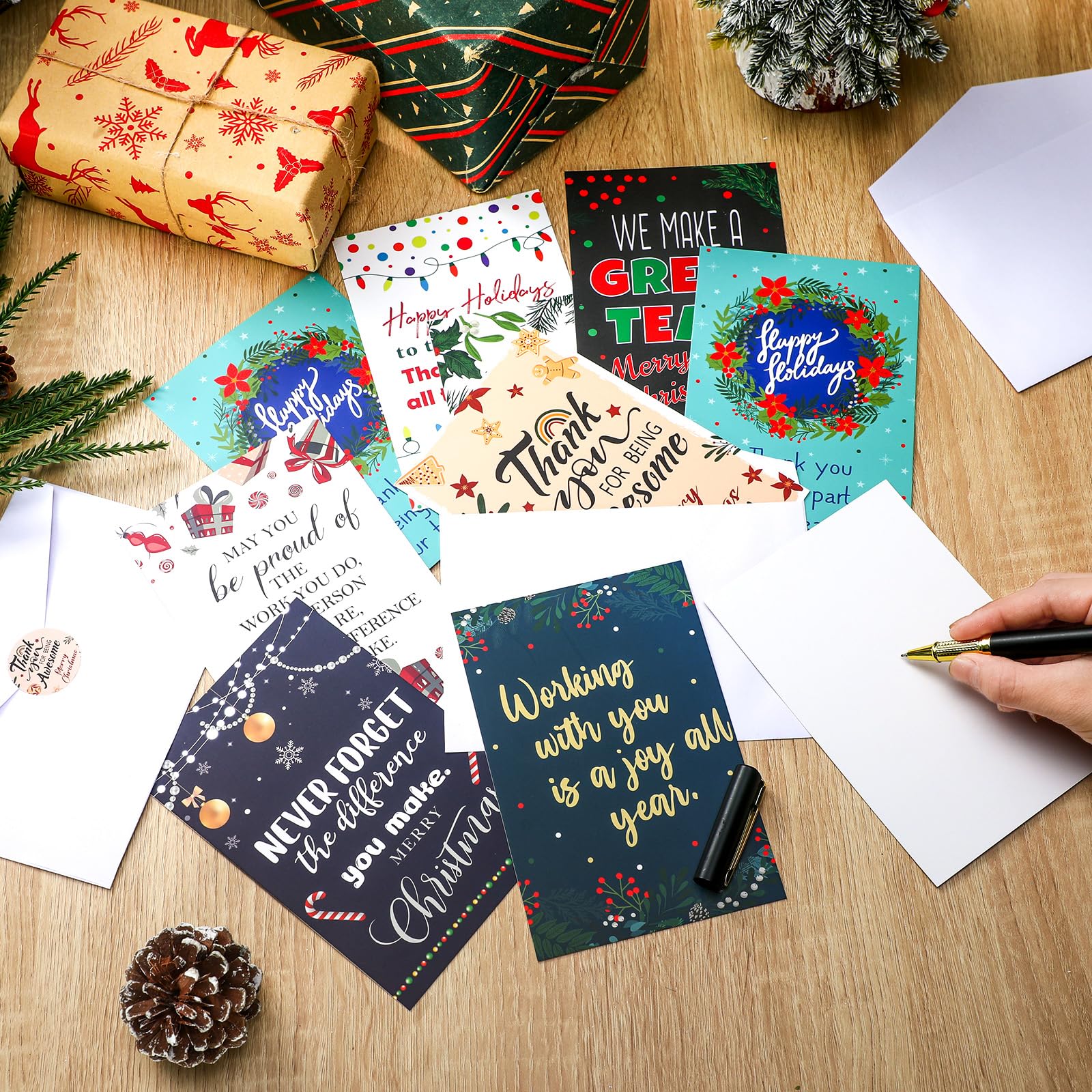 Dunzoom Lot de 100 cartes de remerciement de Noël pour employés avec enveloppes et autocollants 10,2 x 15,2 cm - Cartes de vœux de remerciement pour enseignant, université, affirmation