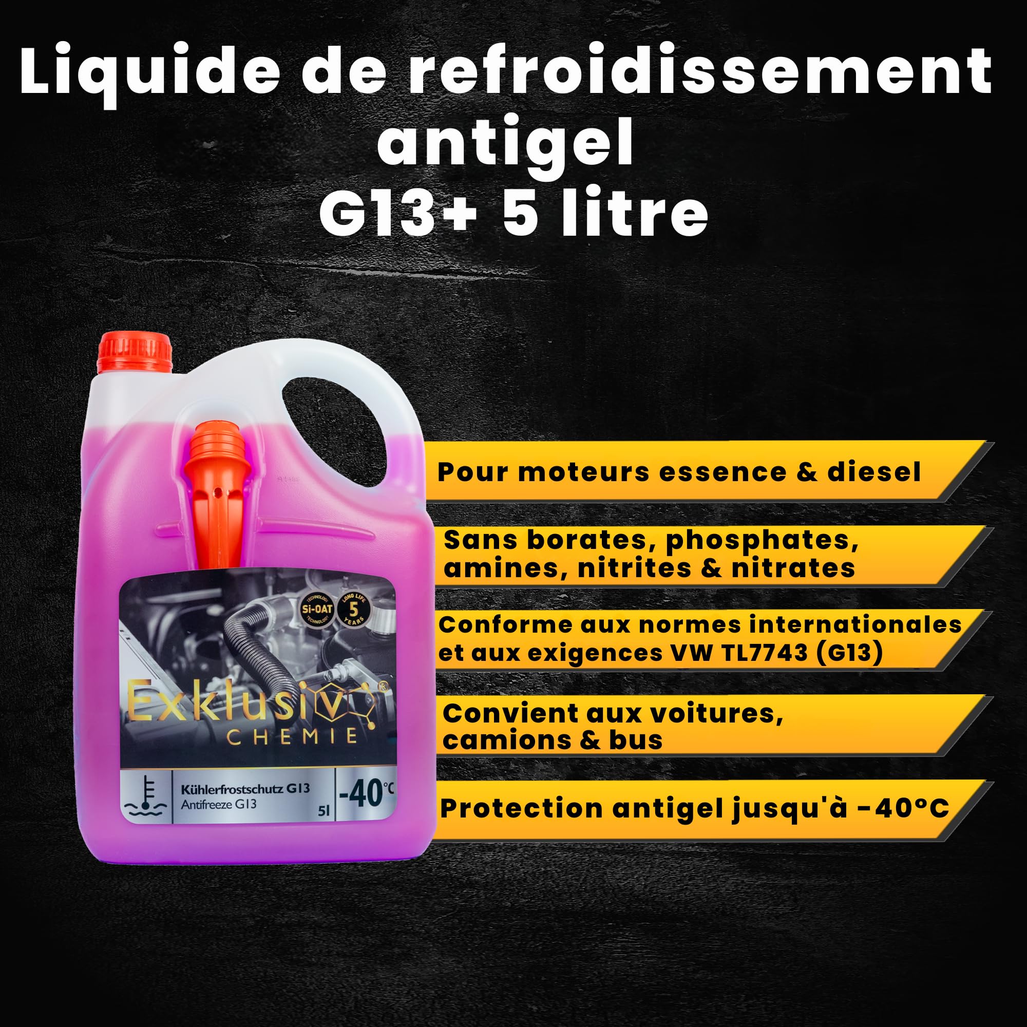 Exklusiv Chemie 5 litres G13 Antigel de radiateur 5 ans | Liquide de refroidissement voiture jusqu'à -40° | G13 Liquide de refroidissement voiture | Prêt à l'emploi