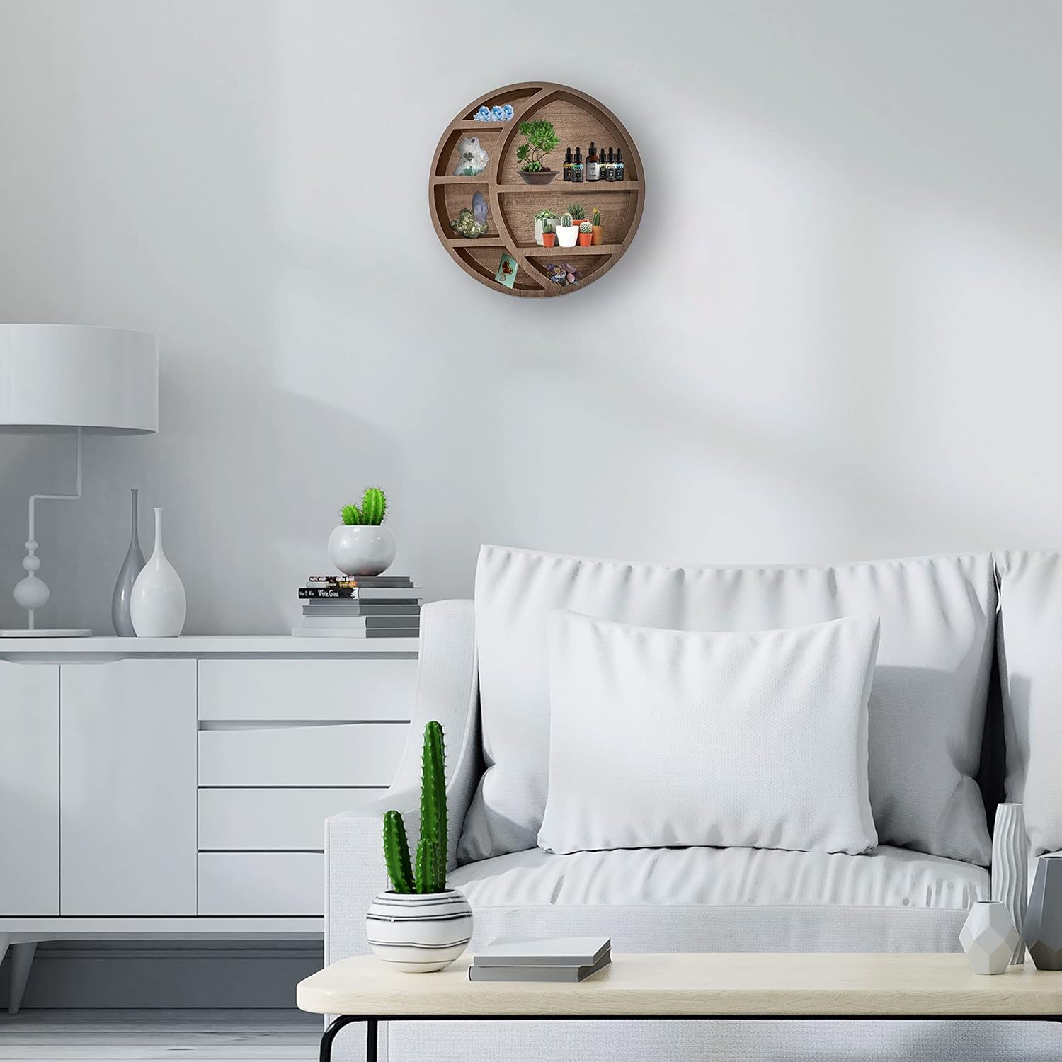 Wooden Floating Moon Shelf Wall Decor - Decorative Boho Home Hanging Display Shelf for Bedroom, Dorm, Nursery - Easy Mount Storage for Crystals and Essential Oils - 14 x 14 x 3.5 (Light Brown)