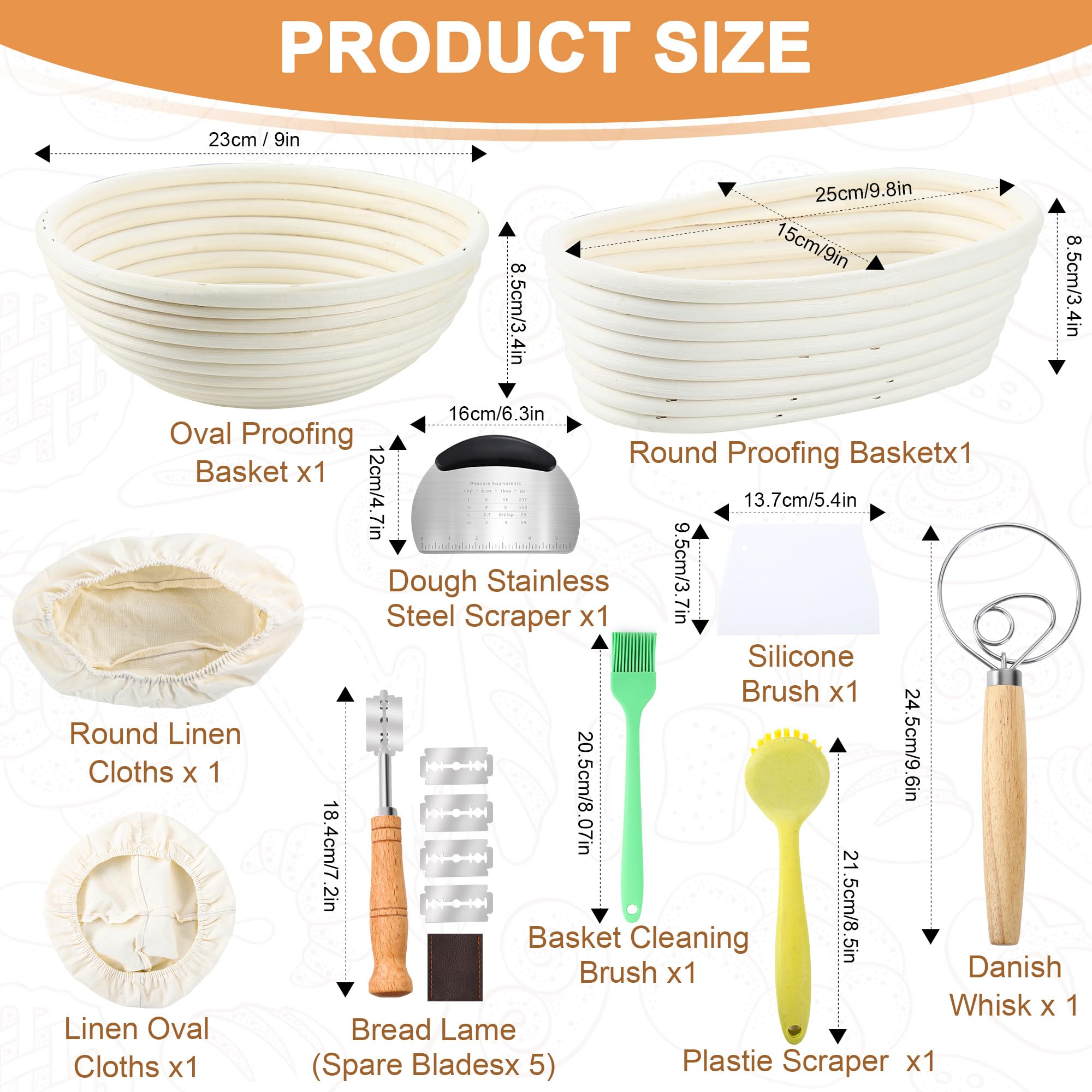 10 Pièces Banneton pour Pain, Ensemble de Paniers de Fermentatio en Rotin Naturel Rond et Ovale Pour, Kit pour Faire du Pain pour Boulangers Professionnels avec Coupe Pâte et Spatule