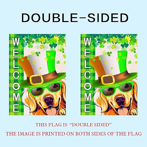Miniatura 6 de KROMNOUR Bandera de jardín del Día de San Patricio Golden Retriever de 12.5 x 18 pulgadas, lindo trébol verde de perro, bandera de jardín de