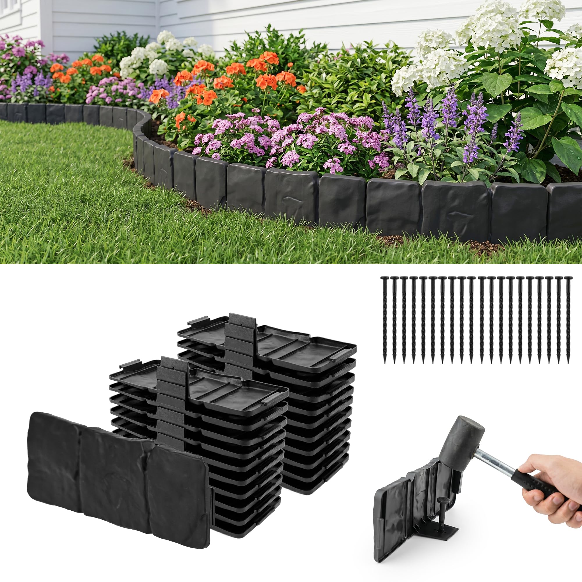 Rasenkante Kunststoff 5m,Flexible Beeteinfassung Steinoptik mit Erdspießen | Mähkante für Blumenbeet, Gartenweg und Rasen, Wetterfeste Beetbegrenzung