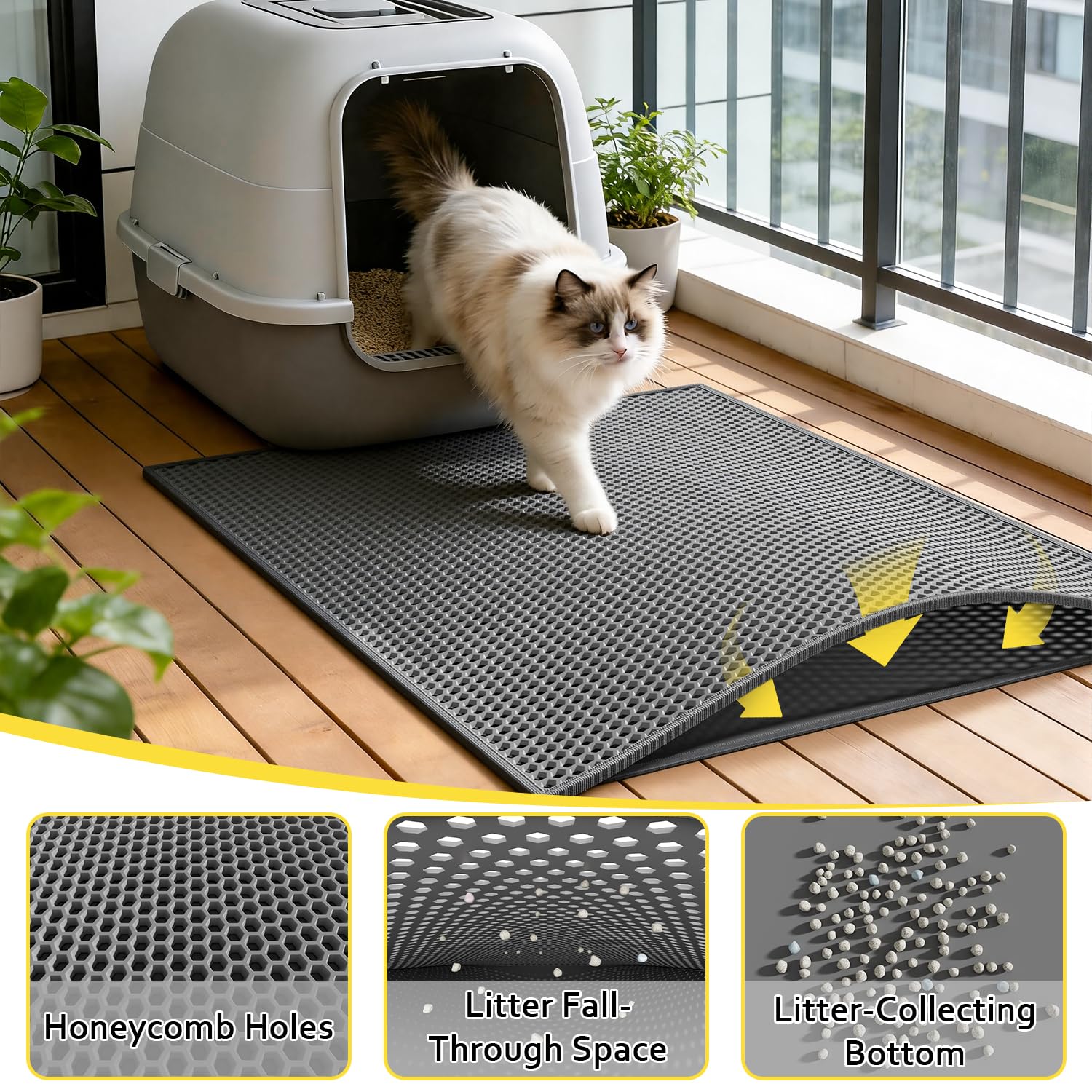 Katzentoiletten-Matte, Waben-Matte, doppellagiges Fangstreu Matte, wasserdicht, Urinbeständig, Katzenklo Matte, leicht zu reinigende Streukontrolle (76,2 x 61 cm, 2 Stück, grau)