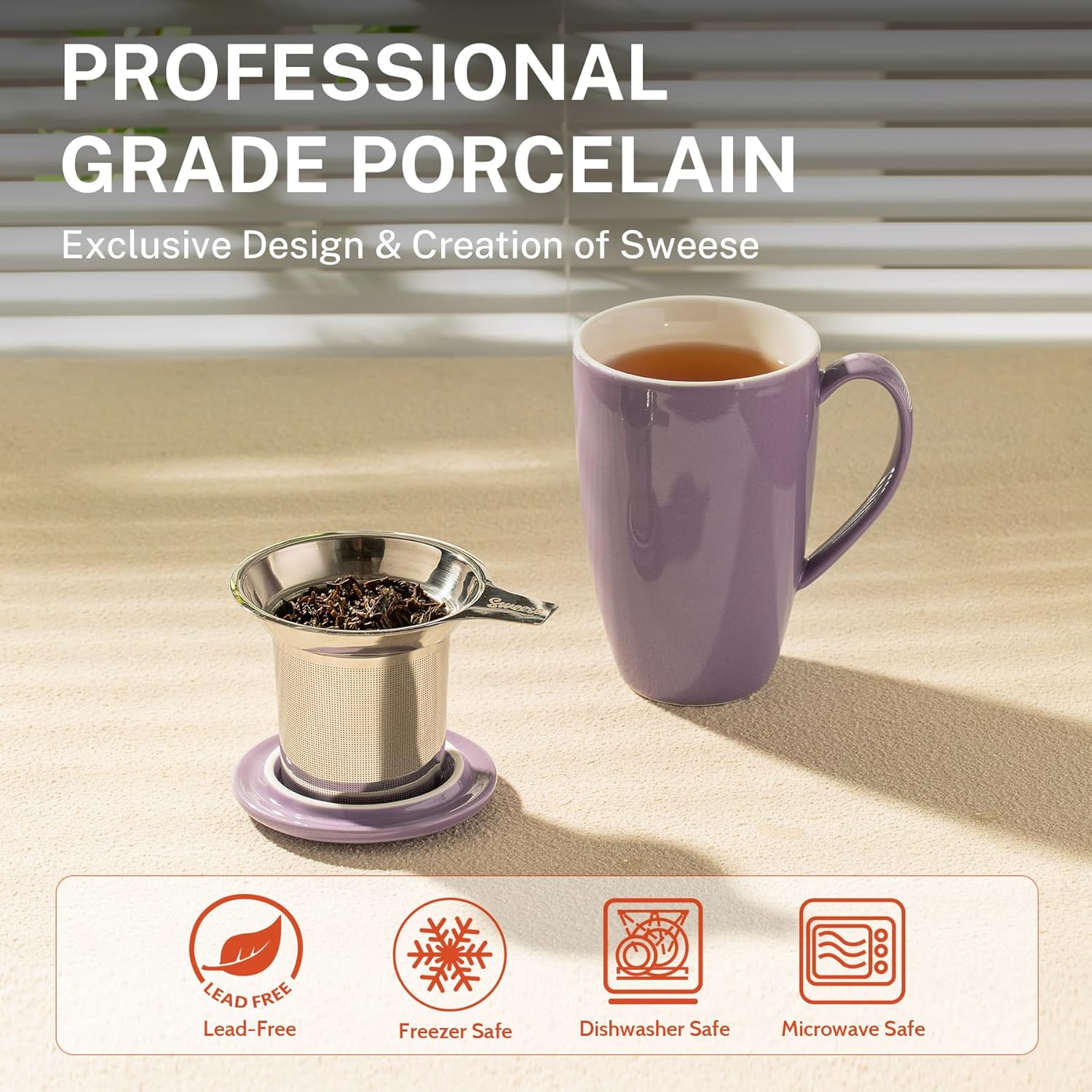 Sweese 15 OZ Porcelain Tea Mug with Infuser and Lid, Loose Leaf Tea Cup, Gifts for Tea Lover, Purple - Image 3