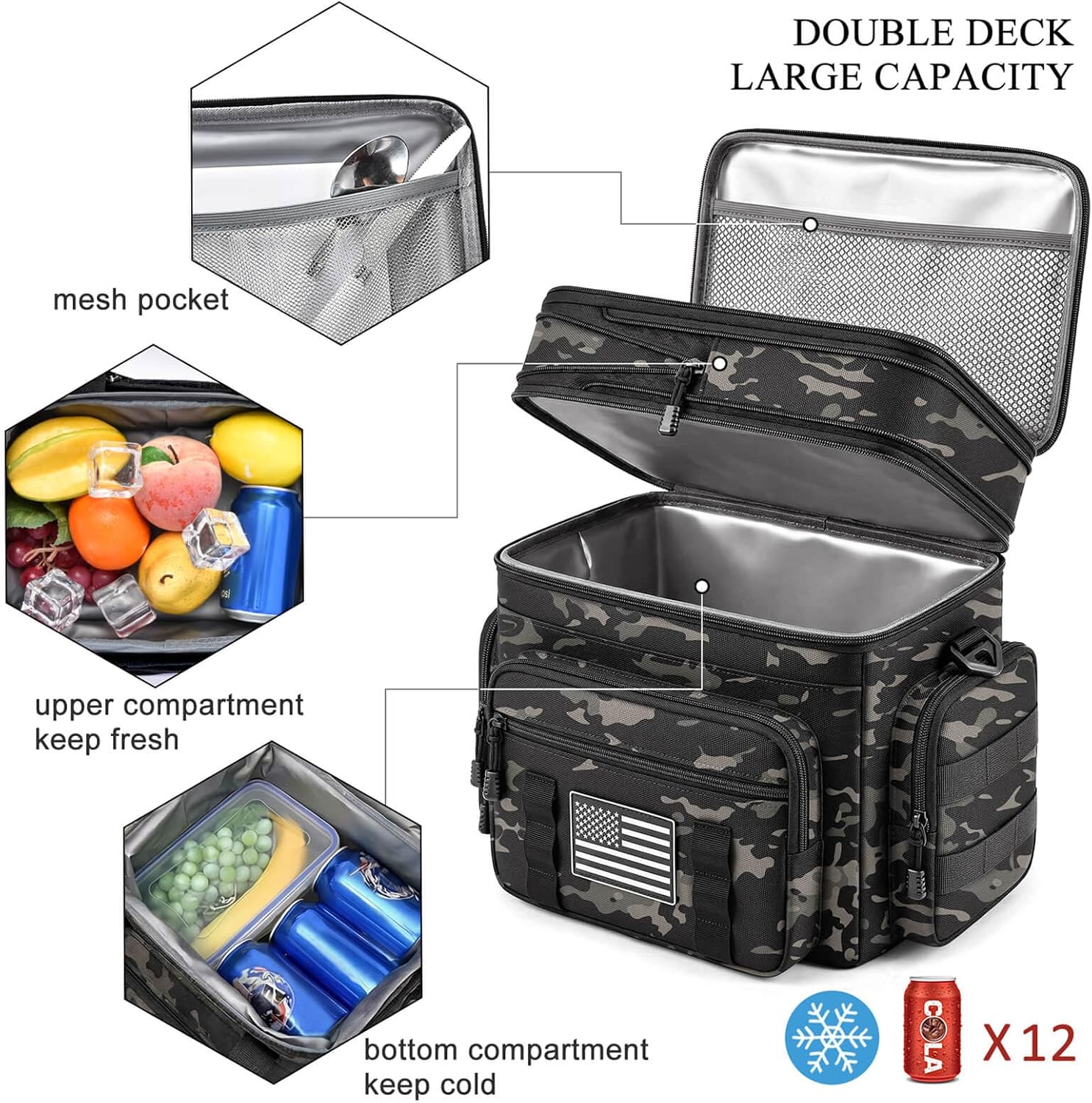 MIYCOO 18L Tactical Lunch Bag for Men - Heavy-Duty Insulated & Leakproof Cooler with MOLLE, Dual-Deck for Adult Work, Outdoor & Travel (Black Camo)