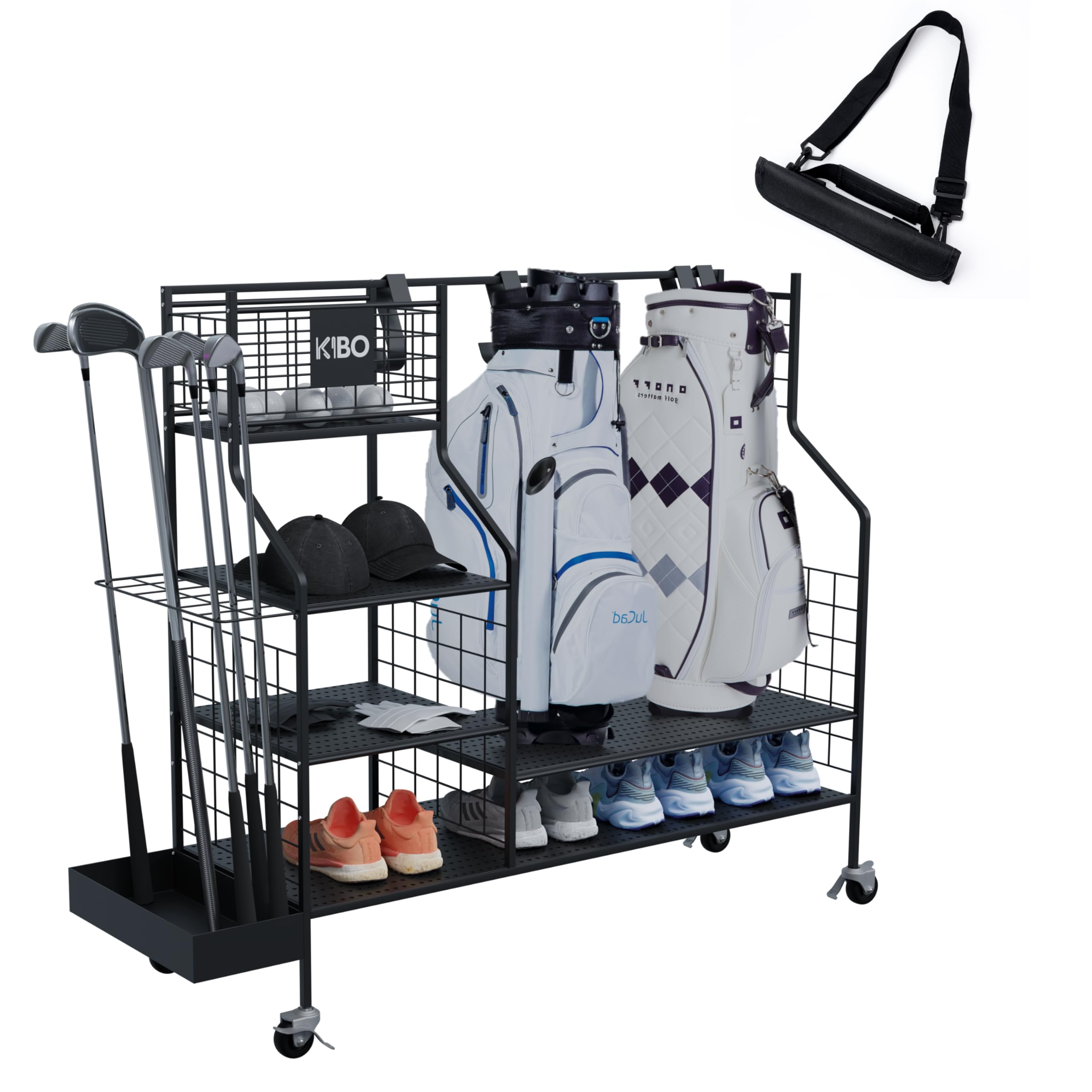 KIBO Organiseur de golf – Support de rangement de golf, noir avec roulettes, club de golf et sac de rangement, présentoir de garage pour accessoires de golf, y compris autocollants d'impact de golf