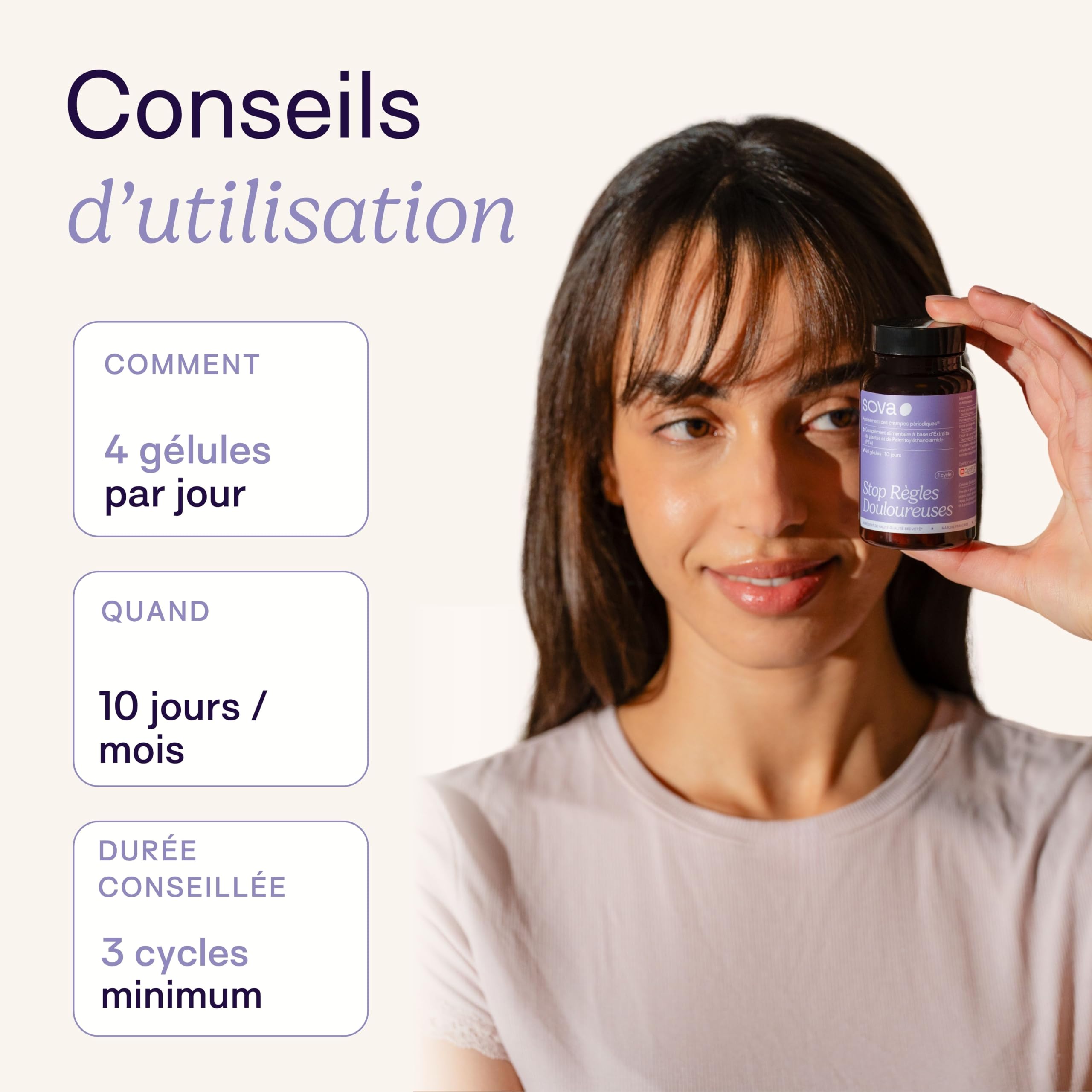 Stop Règles Douloureuses – Confort Menstruel – Crampes Abdominales & Douleurs de Règles – Achillée Millefeuille, PEA, Camomille – Complément Alimentaire Femme – 4 Gélules/Jour – SOVA (3 cycles)