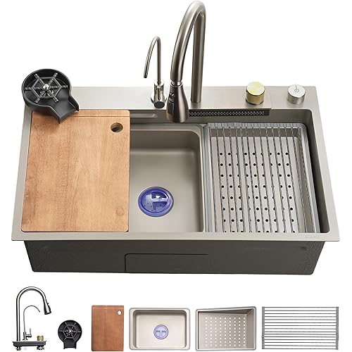 SereneLife Stainless Steel Kitchen Sink | Undermount & Drop-In Installation |13 Gauge & 30"L x 18"W x 9"H IN | Includes Faucet, Drain Rack, Strainer Basket, Cutting Board & Cup Washer | Gray