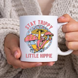 Stay Trippy Little Hippie Retro Mushrooms Vintage 70s Vibes BlackMug, Tea Mug, Tea Cup, Coffee Cup