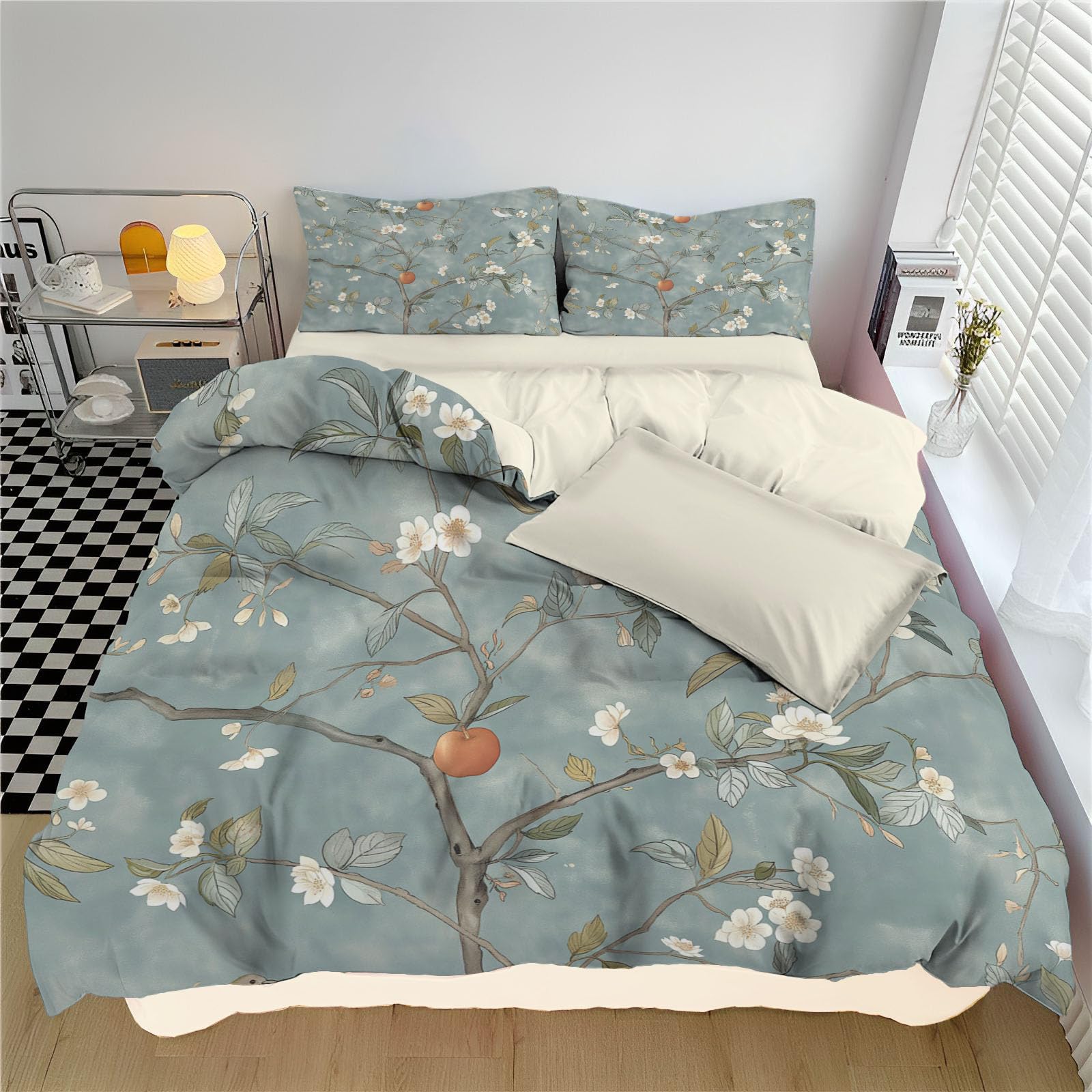 Parure de couette vintage de luxe imprimée arbres et oiseaux 220x240cm
