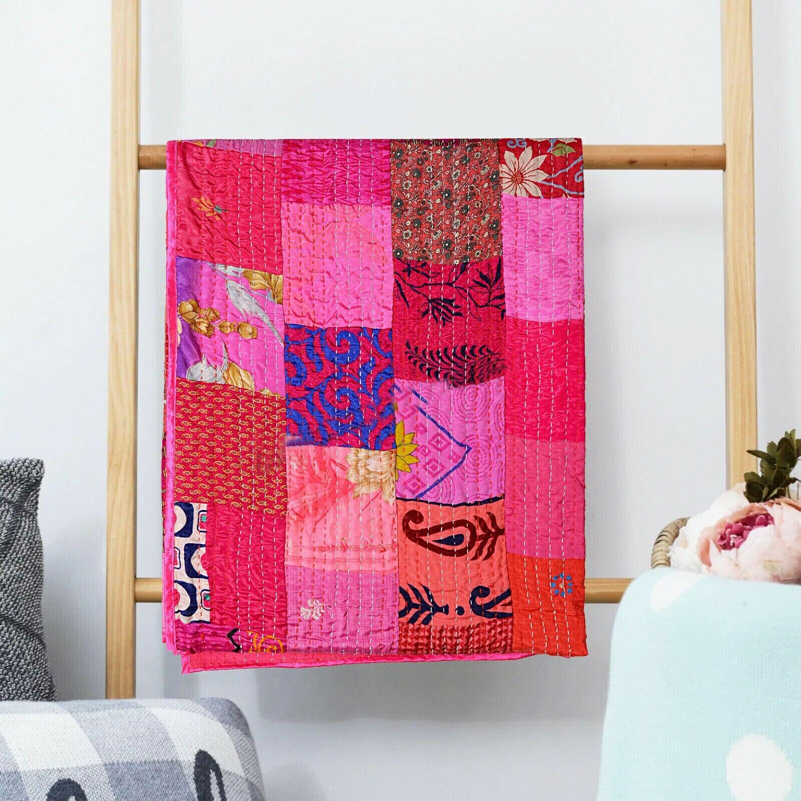 Couvre-lit Patchwork Soie Kantha JaipurHandloom King Size - Bohème Indien Réversible 274x225 Cm