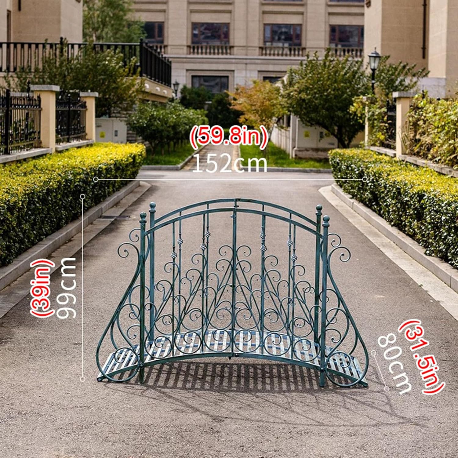 5FT Garden Bridge Metal Arch Footbridge with Patterned Siderails, Outdoor Decorative Iron Pond Bridge for Stream, Backyard, Creek, Rustic Wedding Landscaping Decor Arch Bridge Walkway