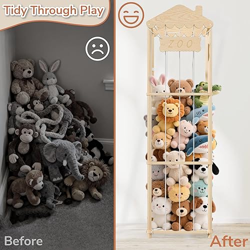 Miniatura 5 de AMBIRD Almacenamiento de animales de peluche, soporte de madera para zoológico, organizadores de juguetes grandes para niños, almacenamiento de