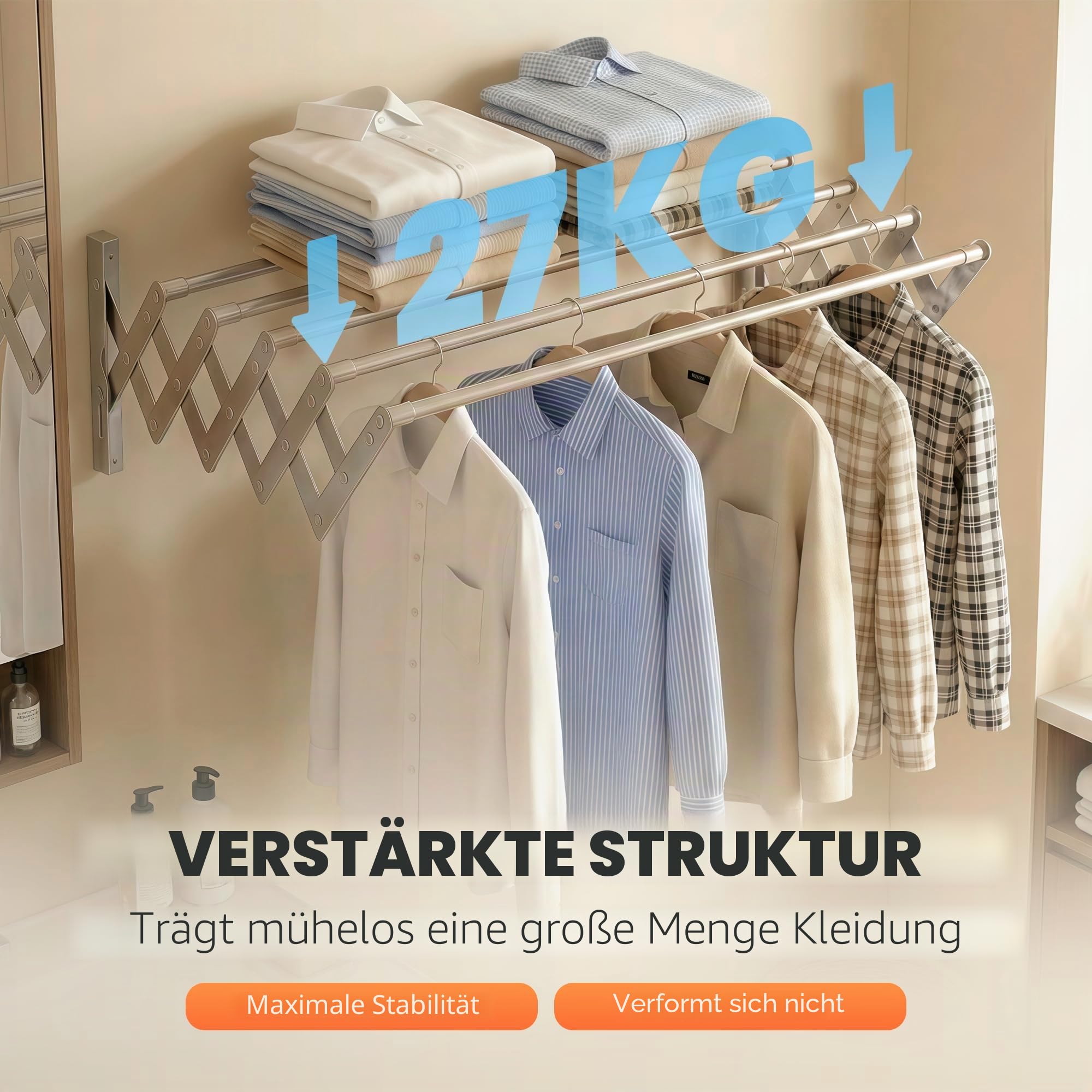 JUPPLIES Wand-Wäscheständer Ausziehbar 100 cm – Klappbarer Wäscheständer zur Wandmontage Innen & Außen – 5 Edelstahlstangen, Einfache Montage, Inklusive Wäscheklammern