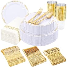 210-Piece White and Gold Plastic Dinnerware Set for 30 | Elegant disposable dinnerware with heavy duty plates, cups, napkins, and gold plastic silverware cutlery for party weddings