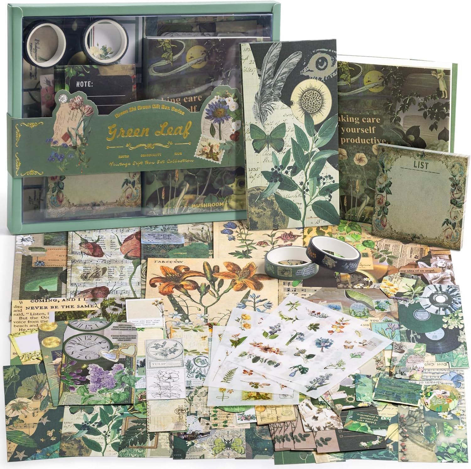 DME SALES Journal Supplies Kit Vintage Scrapbook Stickers Pack, Art Journal Kit, Bullet Junk Journal Planners DIY Decoration Paper Stickers Craft Kits Notebook Album Aesthetic Tape,Journaling Gift For Girl (Green Leaf)